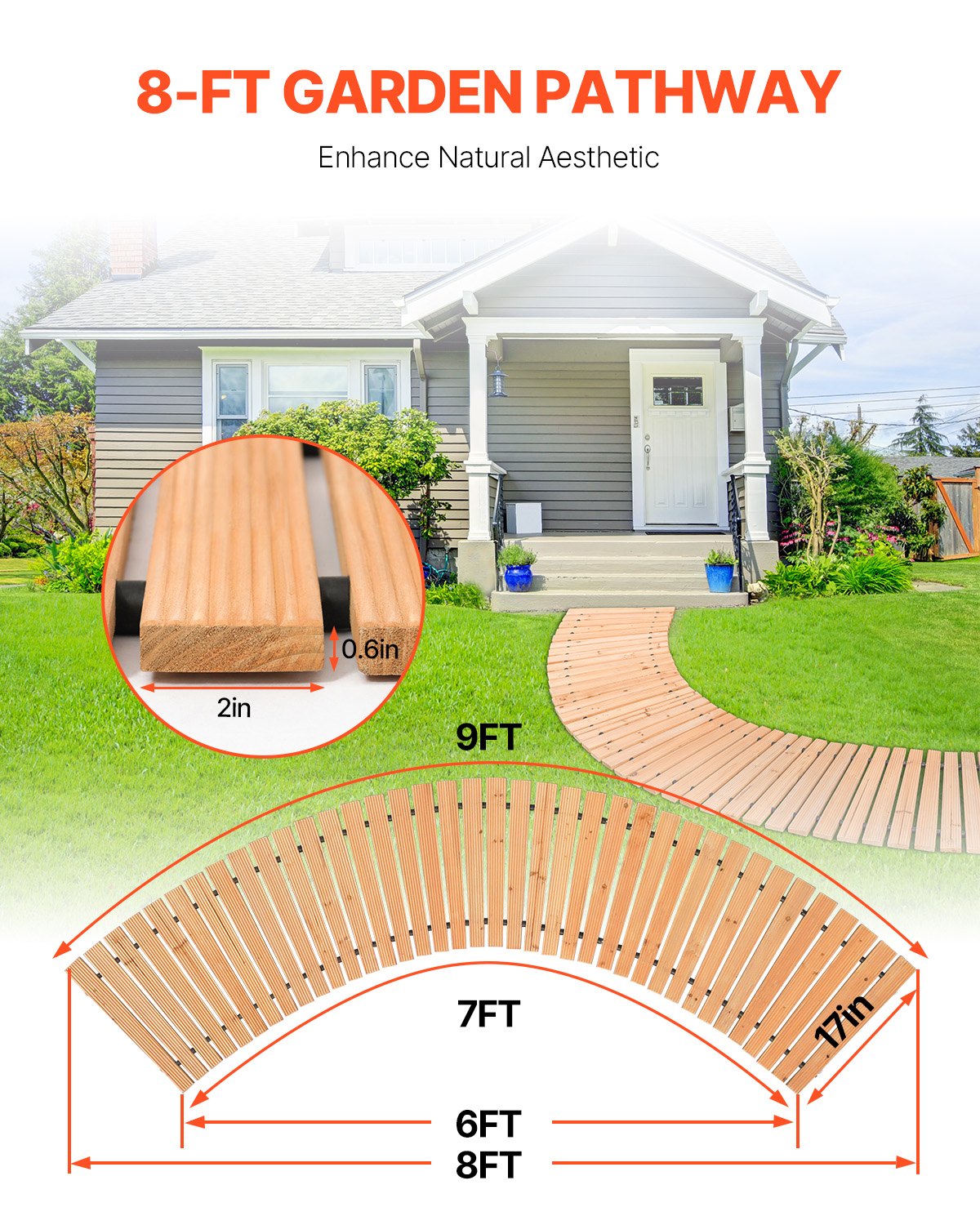 8 ft Cedar Wooden Garden Pathway - Non-Slip Curved Walkway with Rust-Resistant Wire, Decorative Lawn Paver for Weddings, Backyards, and Boardwalks