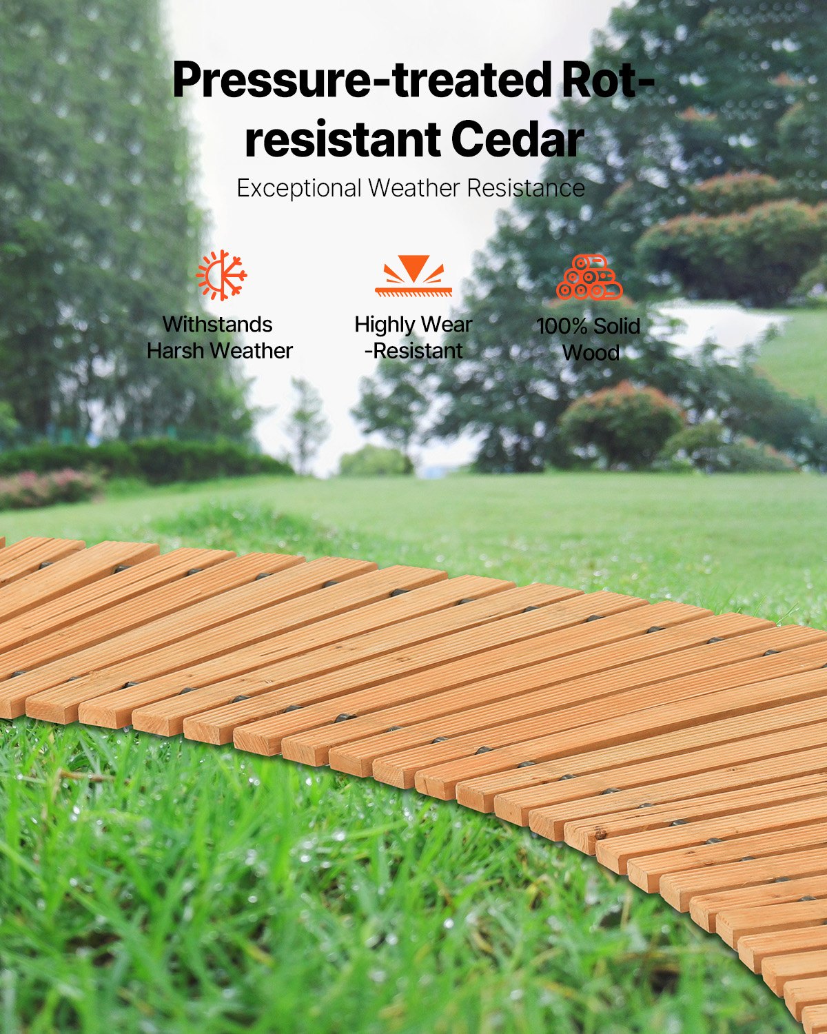 8 ft Cedar Wooden Garden Pathway - Non-Slip Curved Walkway with Rust-Resistant Wire, Decorative Lawn Paver for Weddings, Backyards, and Boardwalks