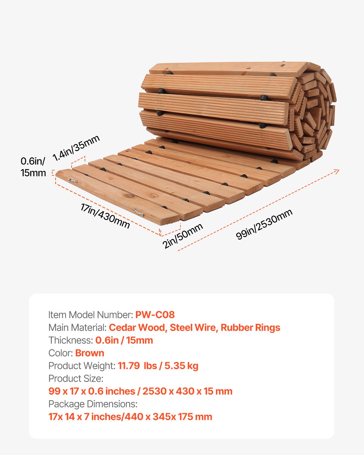 8 ft Cedar Wooden Garden Pathway - Non-Slip Curved Walkway with Rust-Resistant Wire, Decorative Lawn Paver for Weddings, Backyards, and Boardwalks