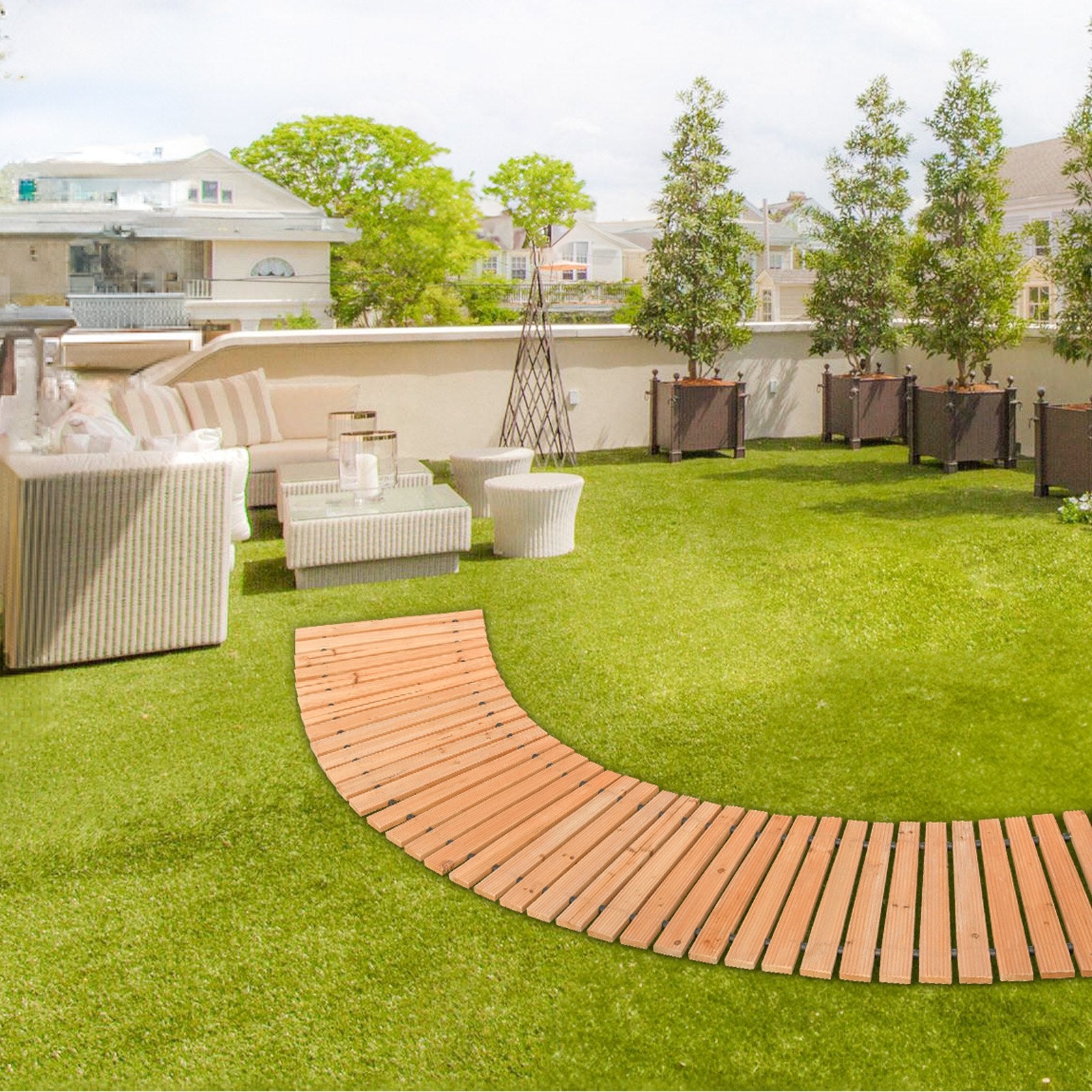 8 ft Cedar Wooden Garden Pathway - Non-Slip Curved Walkway with Rust-Resistant Wire, Decorative Lawn Paver for Weddings, Backyards, and Boardwalks