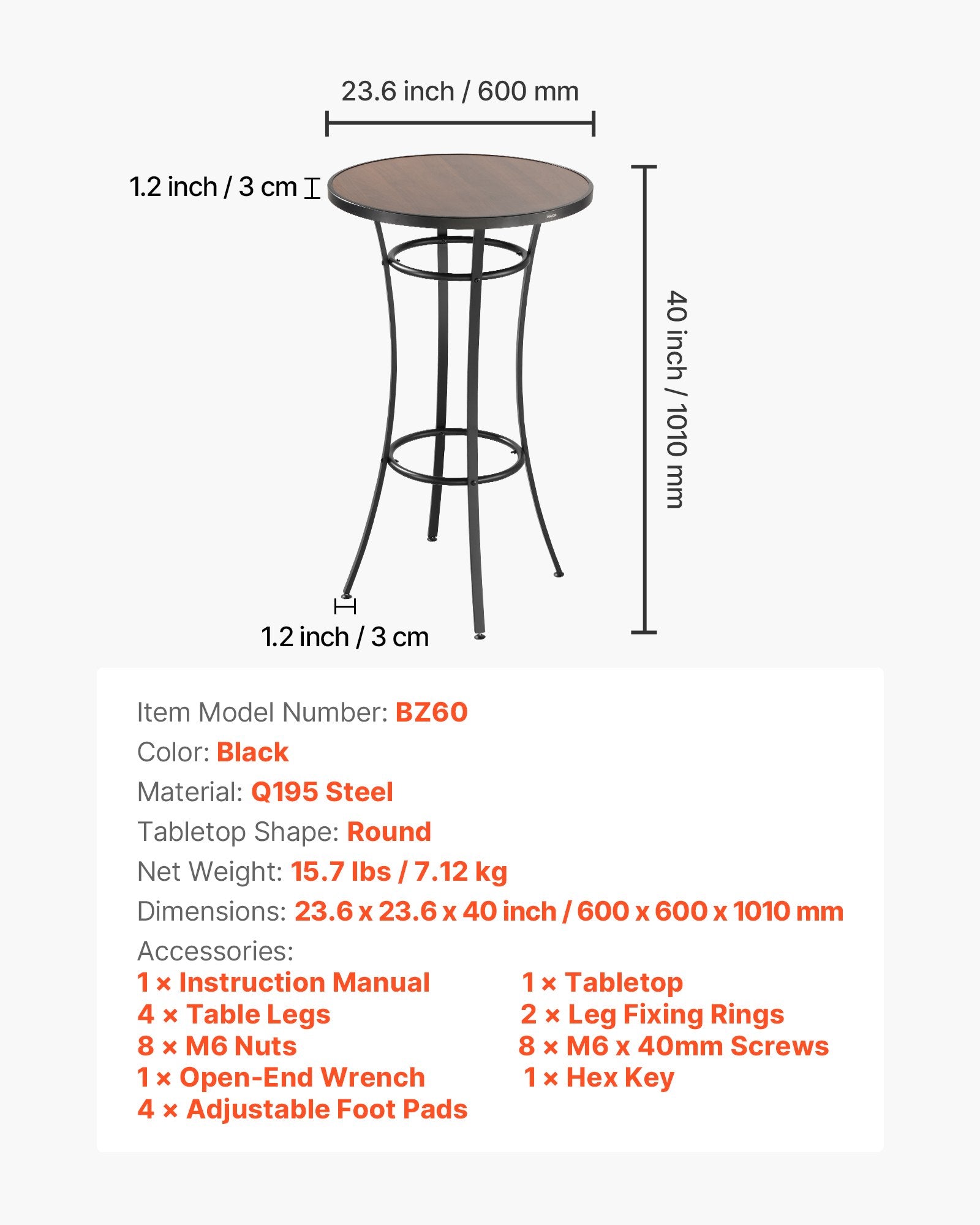 Compact Outdoor Bistro Table, 23.7" High Top Round Bar Table with Easy-Clean Surface & Sturdy Metal Frame for Patio, Kitchen, Pub, Small Spaces