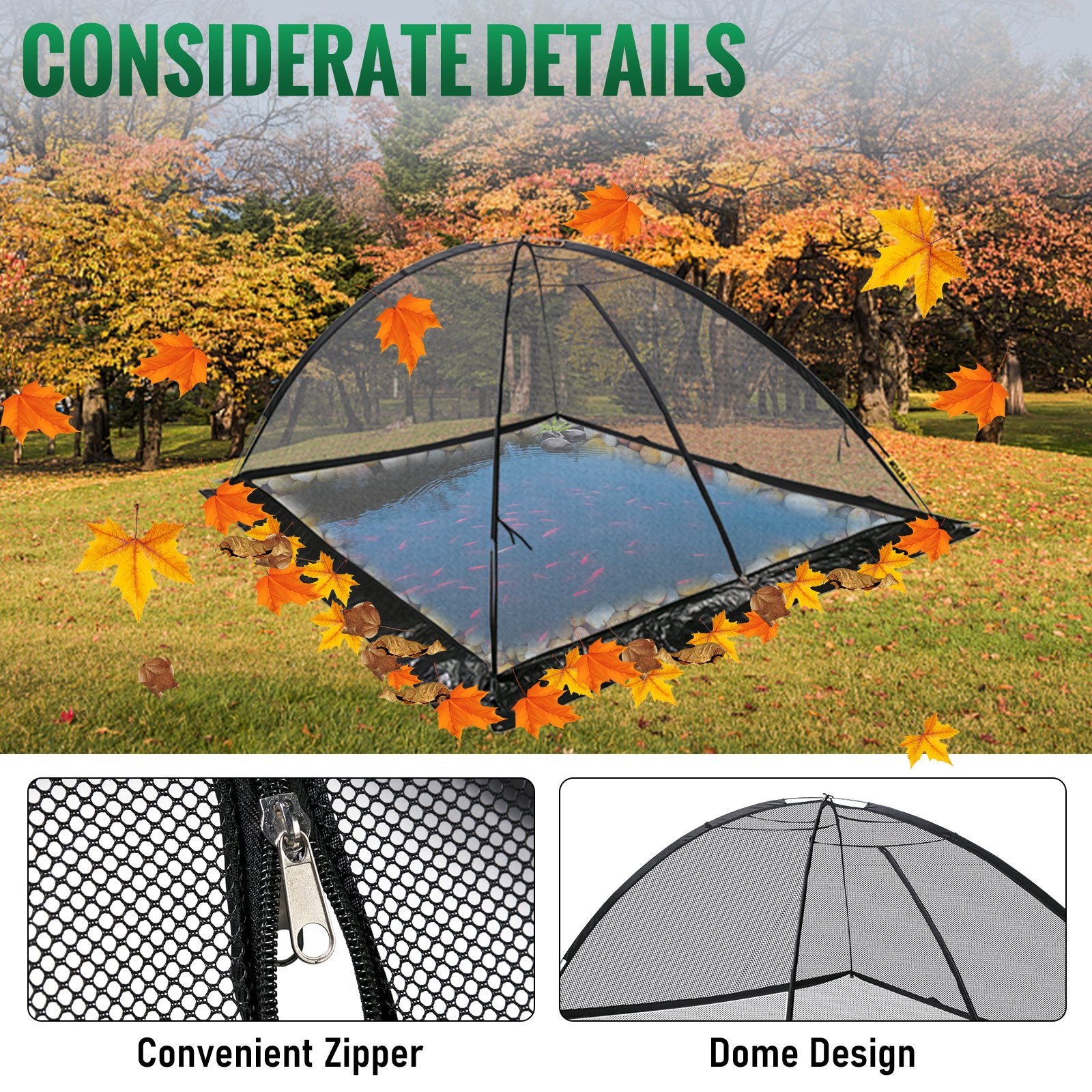 8x10 FT Pond Cover Dome with Zipper & Wind Rope - Durable Black Nylon Mesh Netting for Garden Ponds, Pools, Easy Install & Storage