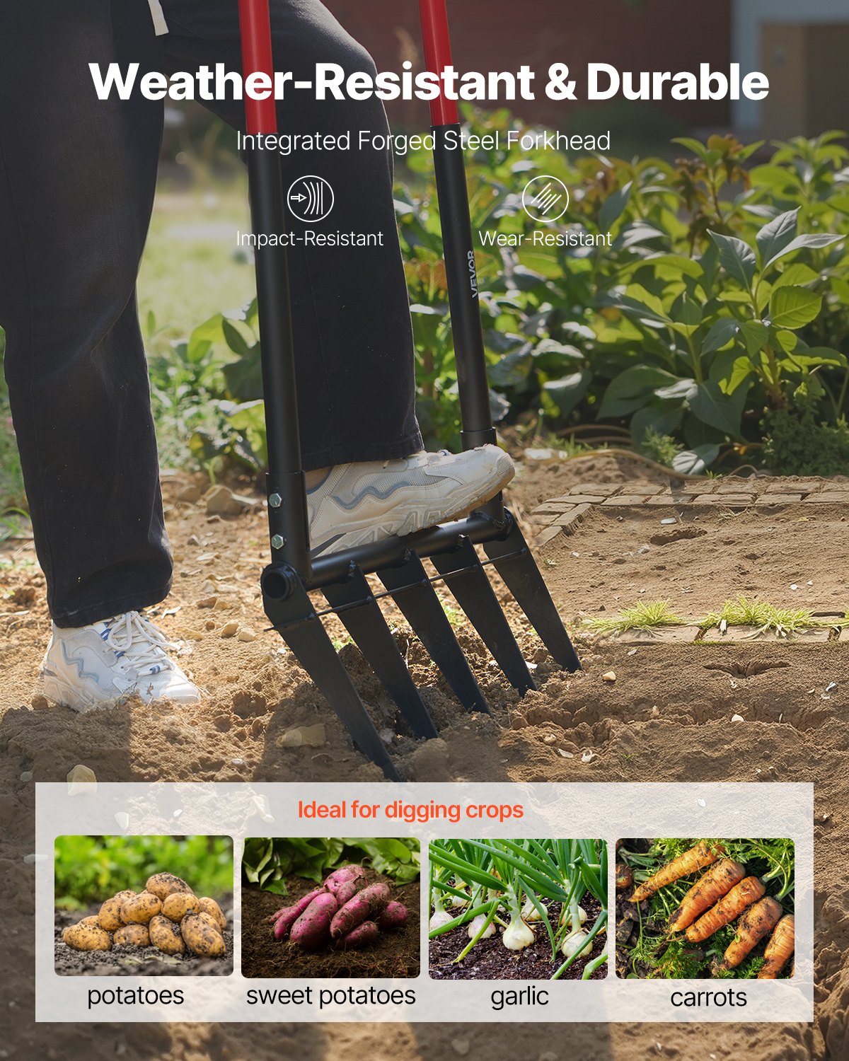 Heavy Duty 5-Tine Broad Fork with Ergonomic U-Shaped Design, Dual Fiberglass Handles for Composting, Aeration, and Transplanting