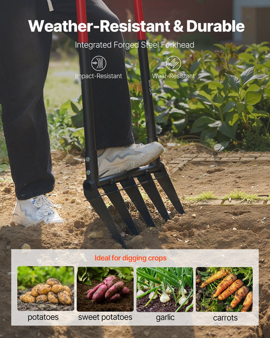 Heavy Duty 5-Tine Broad Fork with Ergonomic U-Shaped Design, Dual Fiberglass Handles for Composting, Aeration, and Transplanting