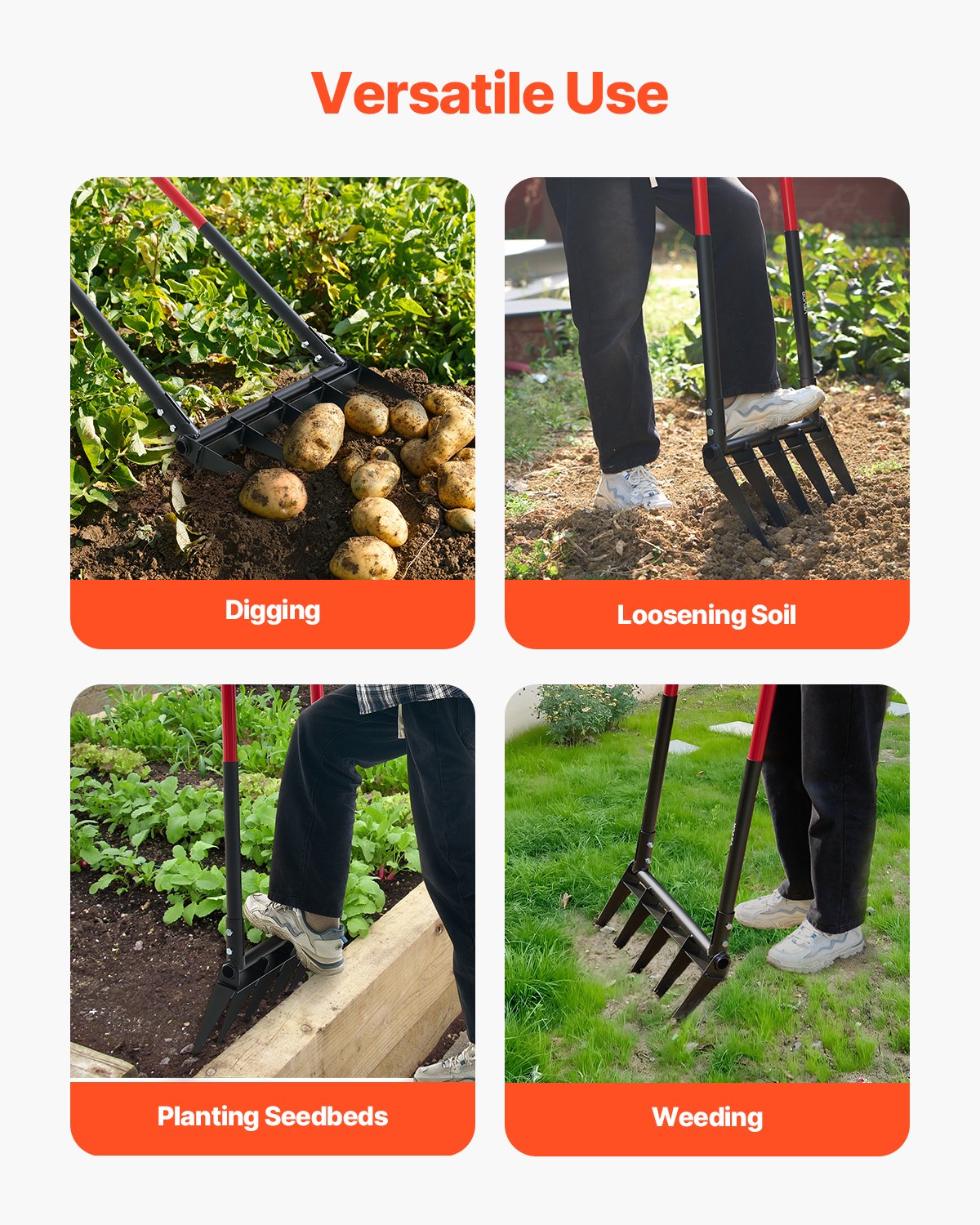 Heavy Duty 5-Tine Broad Fork with Ergonomic U-Shaped Design, Dual Fiberglass Handles for Composting, Aeration, and Transplanting