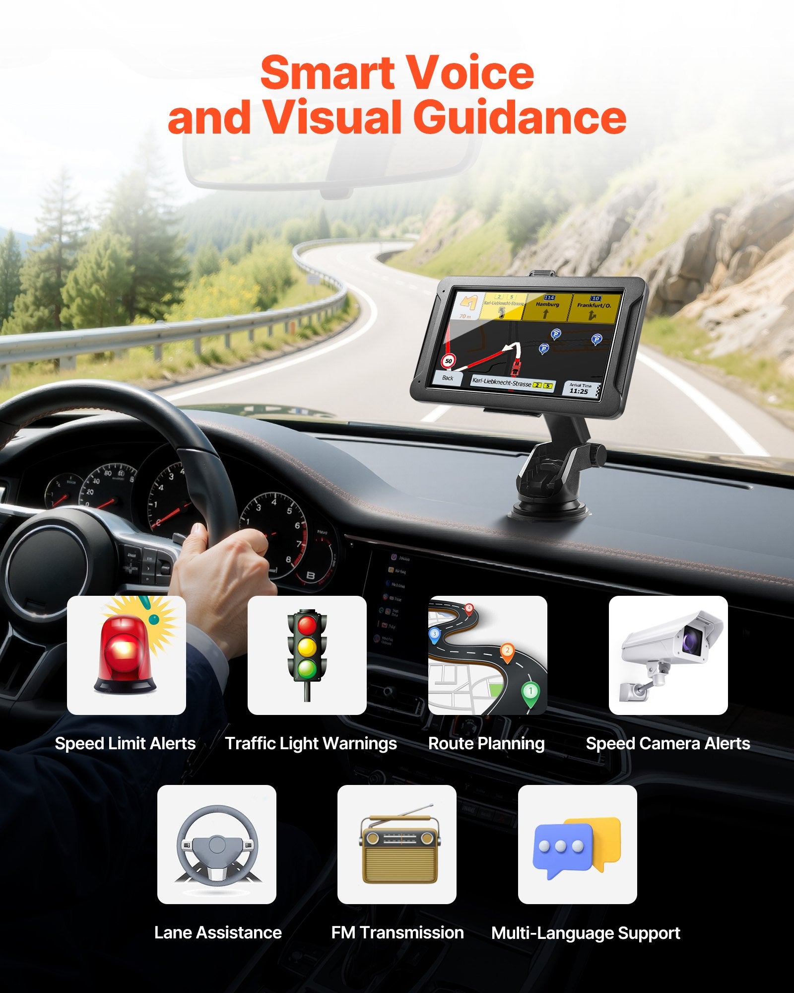 7" GPS Navigator with Dash Cam, 16GB Storage, Voice Guidance, Custom Truck Routing, Speed & Red Light Alerts for Car, Truck, RV