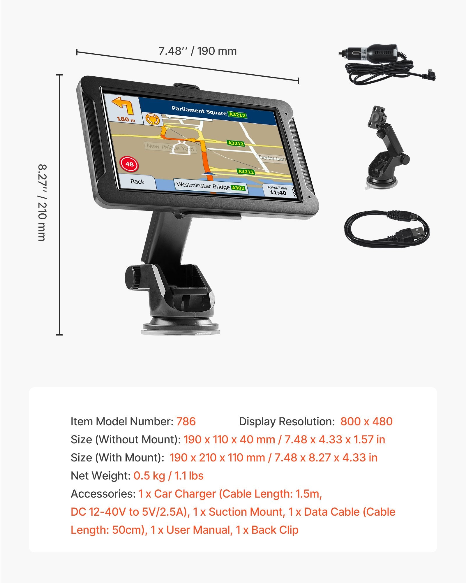 7" GPS Navigator with Dash Cam, 16GB Storage, Voice Guidance, Custom Truck Routing, Speed & Red Light Alerts for Car, Truck, RV