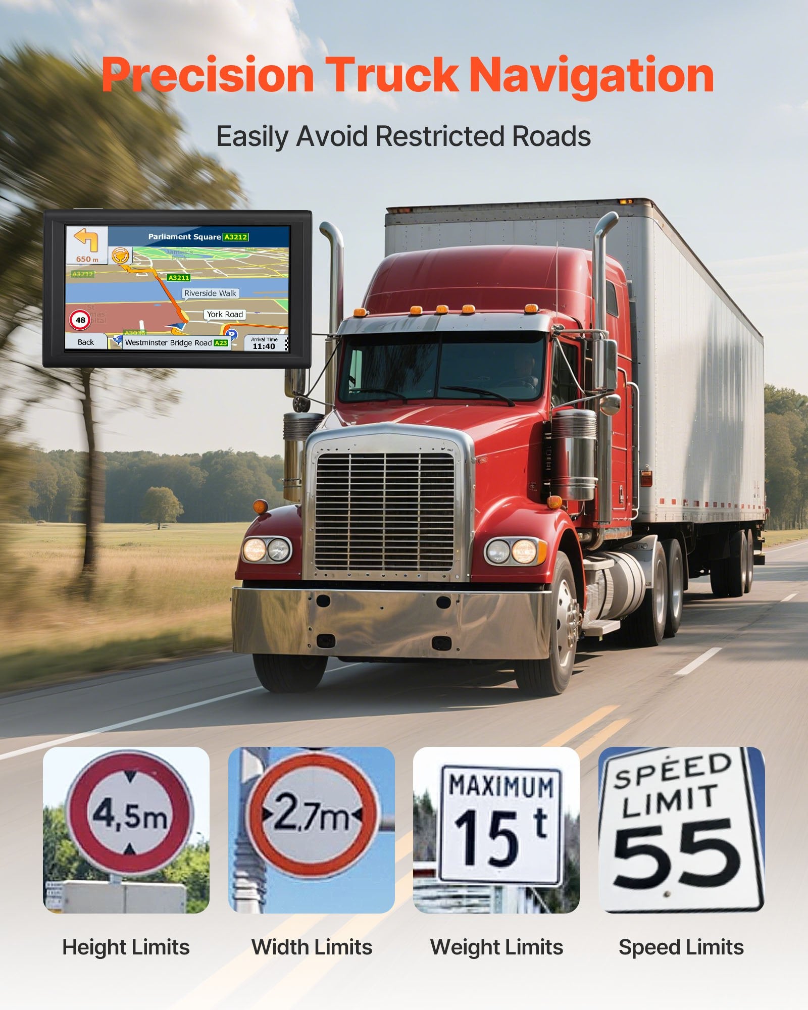 9-Inch GPS Navigator with Dash Cam, Voice Guidance, Speed Alerts, Custom Truck Routes, Car/Truck/RV Navigation System 16GB