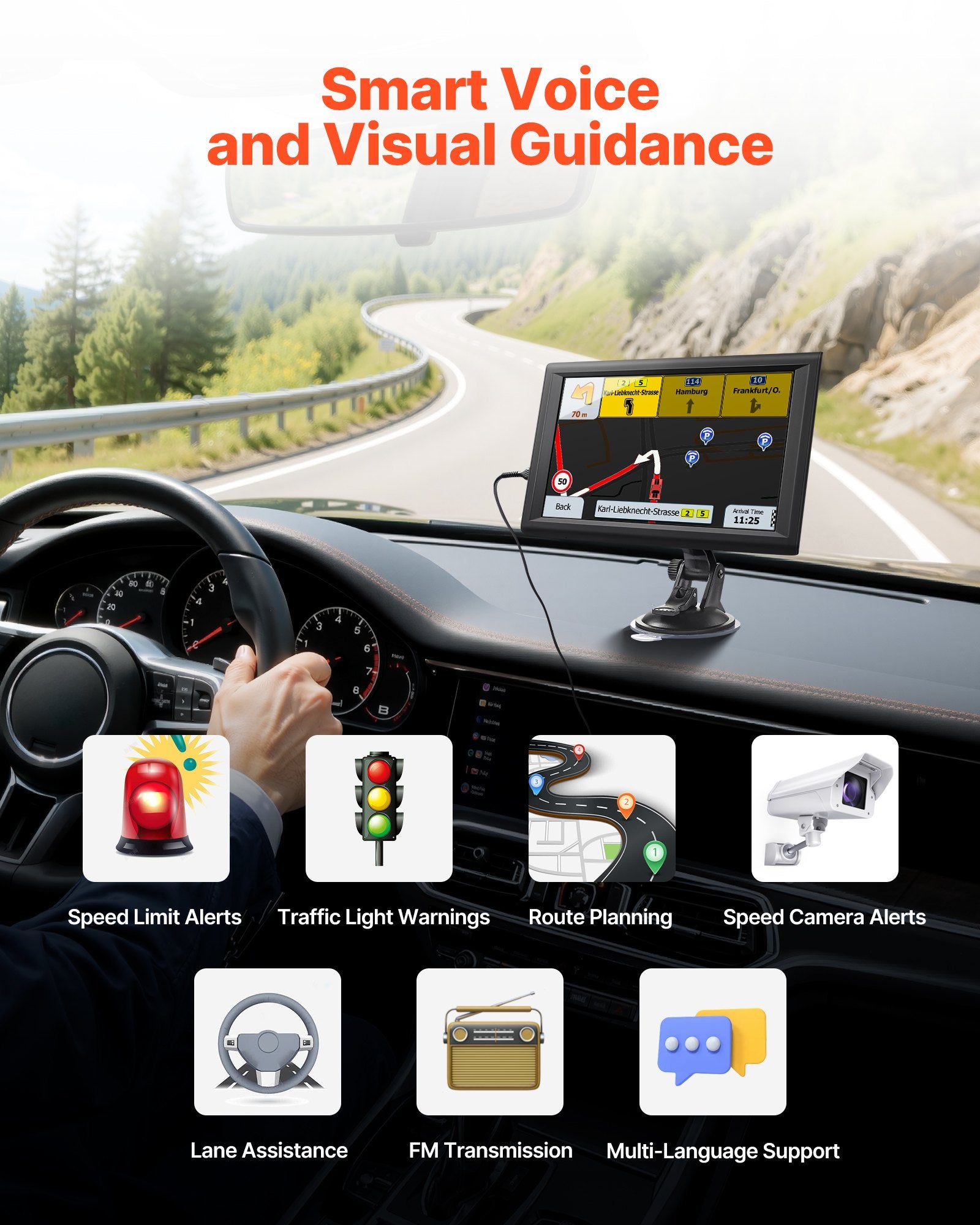 9-Inch GPS Navigator with Dash Cam, Voice Guidance, Speed Alerts, Custom Truck Routes, Car/Truck/RV Navigation System 16GB