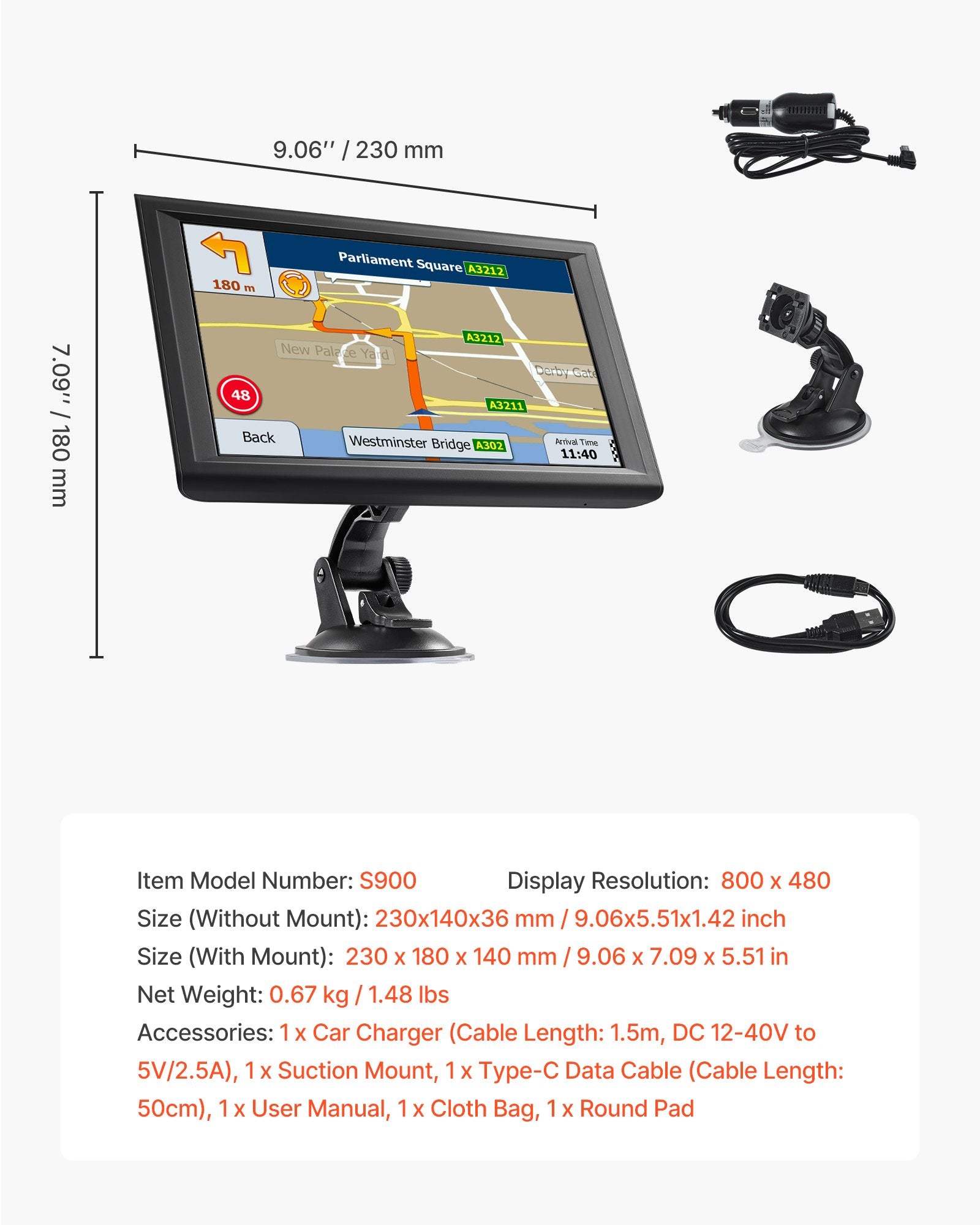 9-Inch GPS Navigator with Dash Cam, Voice Guidance, Speed Alerts, Custom Truck Routes, Car/Truck/RV Navigation System 16GB