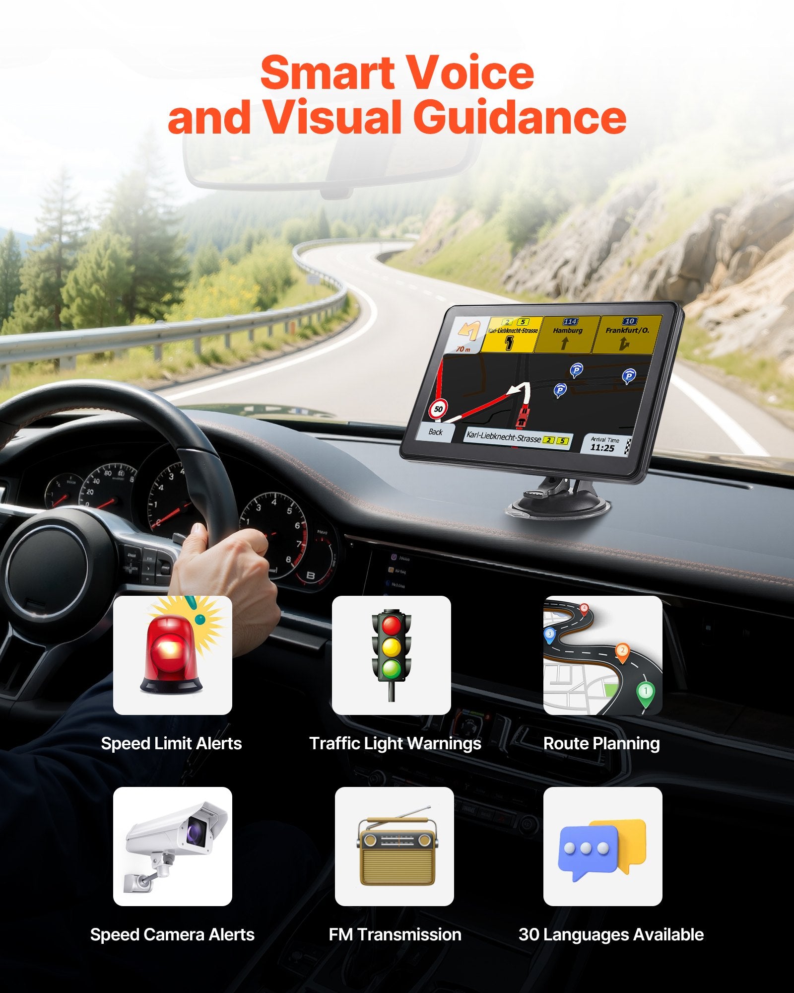 9" GPS Navigation System for Car, Truck, RV - Voice Guidance, Lifetime Maps, Custom Routes, Speed & Red Light Alerts, Easy Install