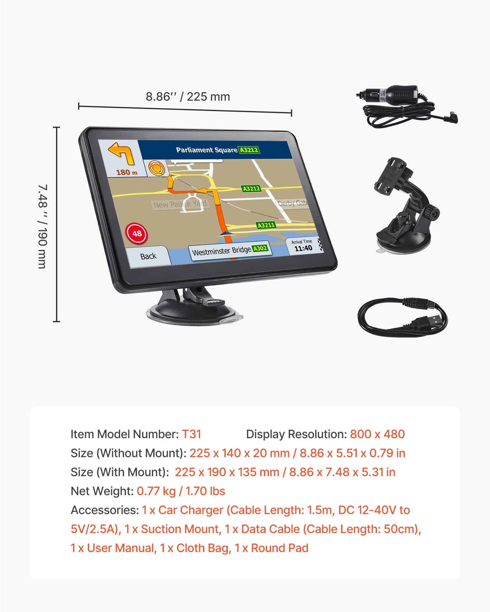 9" GPS Navigation System for Car, Truck, RV - Voice Guidance, Lifetime Maps, Custom Routes, Speed & Red Light Alerts, Easy Install