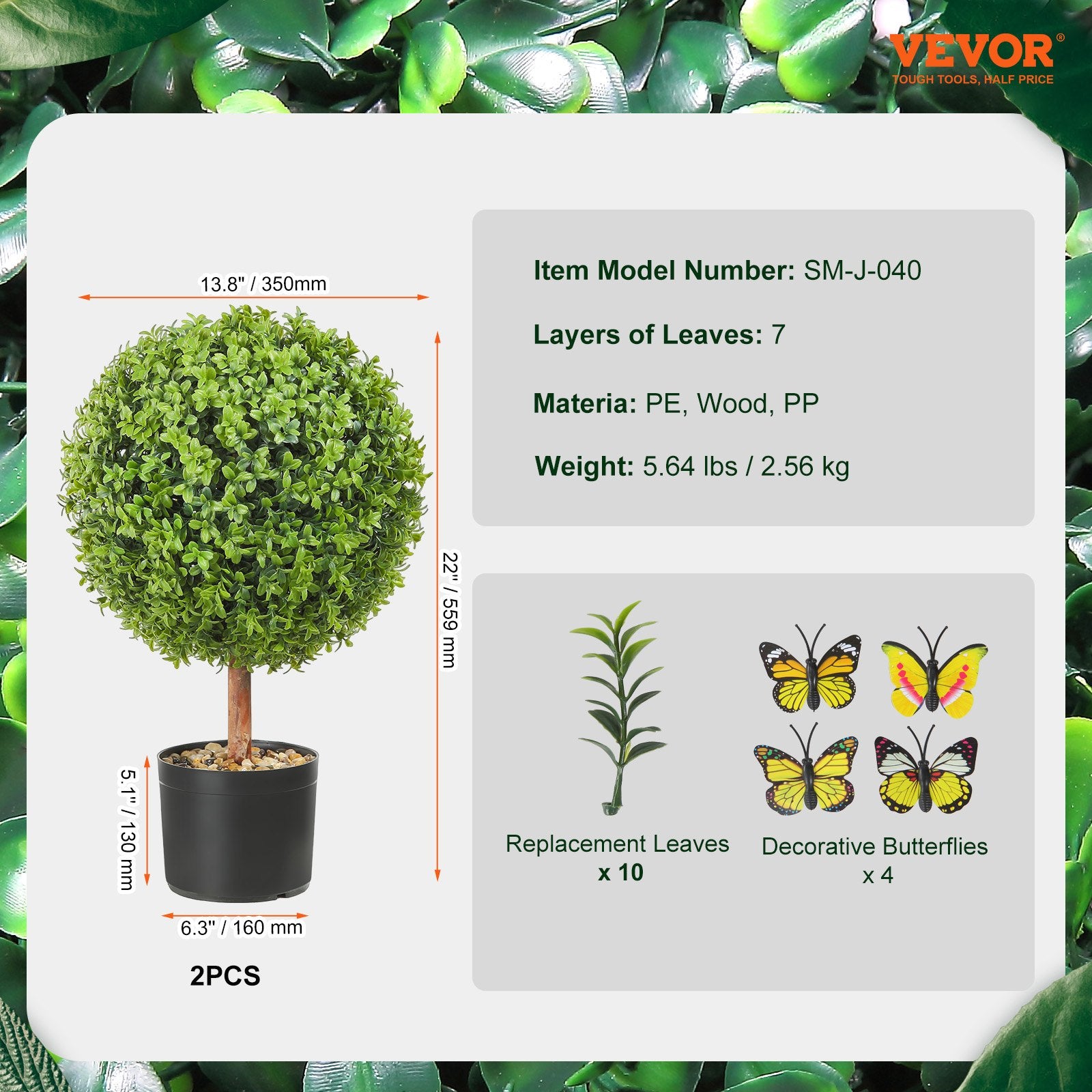 2-Pack Decorative Artificial Boxwood Balls Ø40.6cm for Garden, Made of PE, Wood, PP with Butterflies, Perfect for Year-Round Elegance and DIY Décor