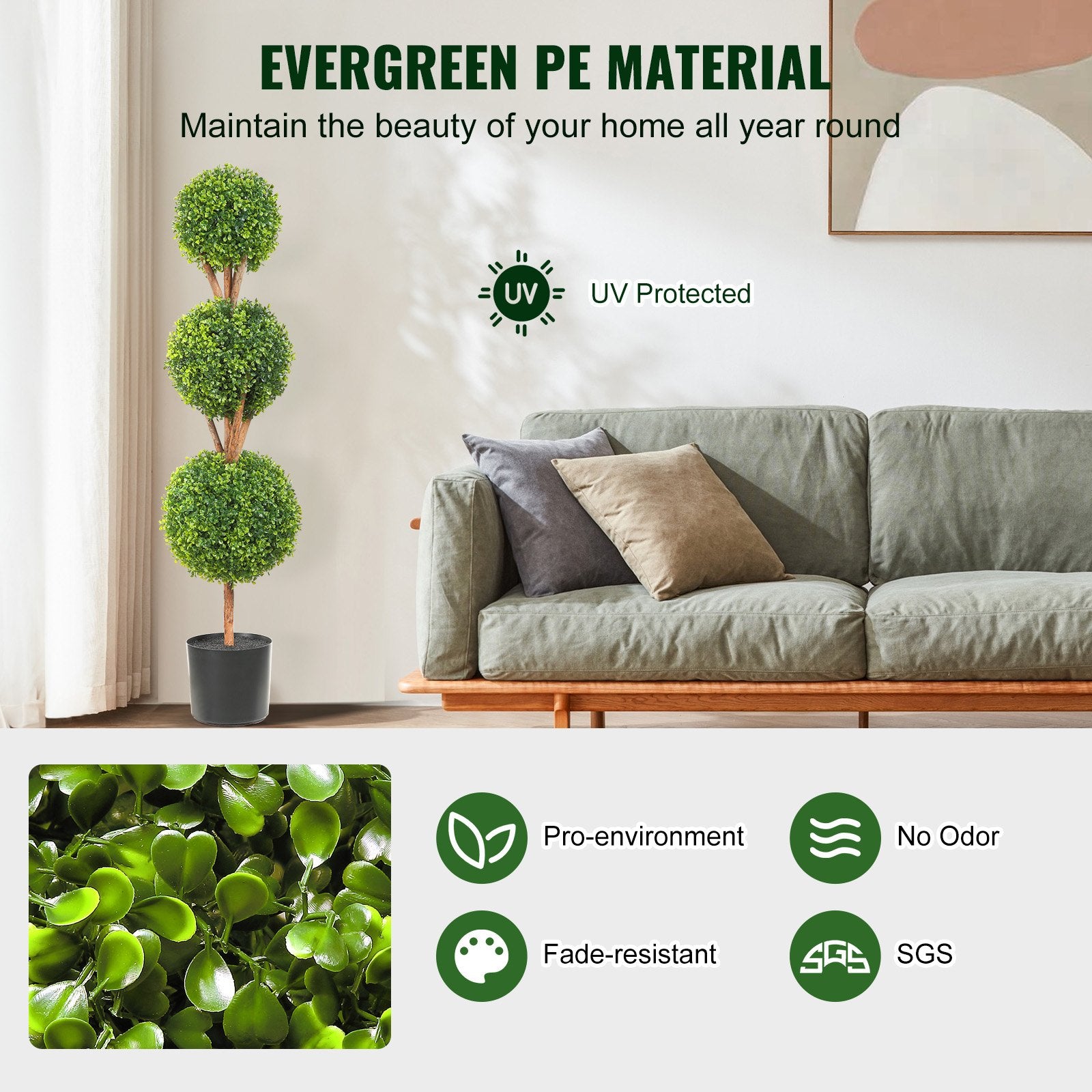 Title: Lush 48" Faux Boxwood Topiary Trees, 3 Ball-Shape Design with Planters, Versatile Greenery for Indoor/Outdoor Decor, Durable PE Material
