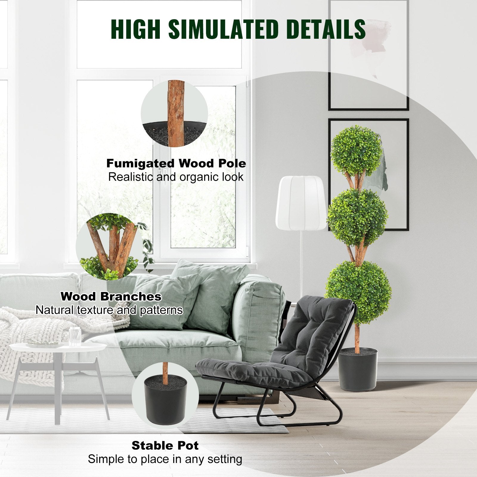 Title: Lush 48" Faux Boxwood Topiary Trees, 3 Ball-Shape Design with Planters, Versatile Greenery for Indoor/Outdoor Decor, Durable PE Material