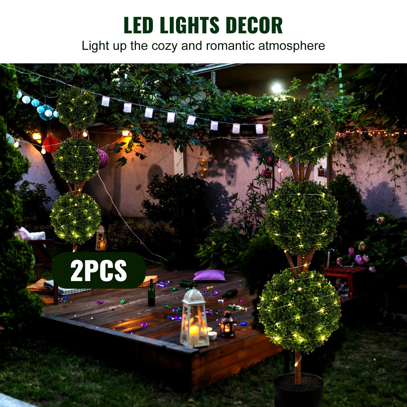 Title: Lush 48" Faux Boxwood Topiary Trees, 3 Ball-Shape Design with Planters, Versatile Greenery for Indoor/Outdoor Decor, Durable PE Material