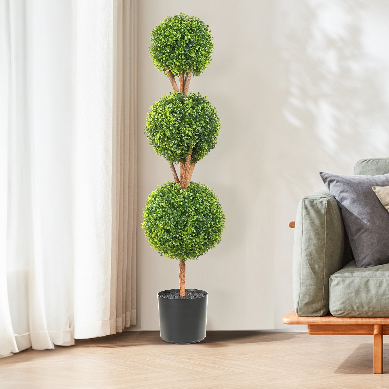 Title: Lush 48" Faux Boxwood Topiary Trees, 3 Ball-Shape Design with Planters, Versatile Greenery for Indoor/Outdoor Decor, Durable PE Material