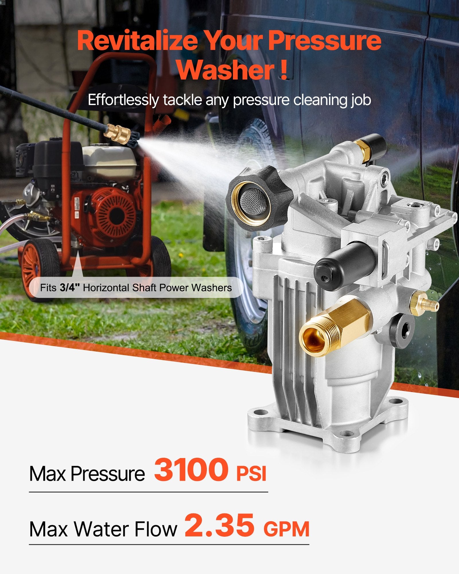 High-Performance Pressure Washer Pump Kit, 3100 PSI, 2.35 GPM, with 3/4" Shaft & Siphon Tube for Simpson, Honda & More Models