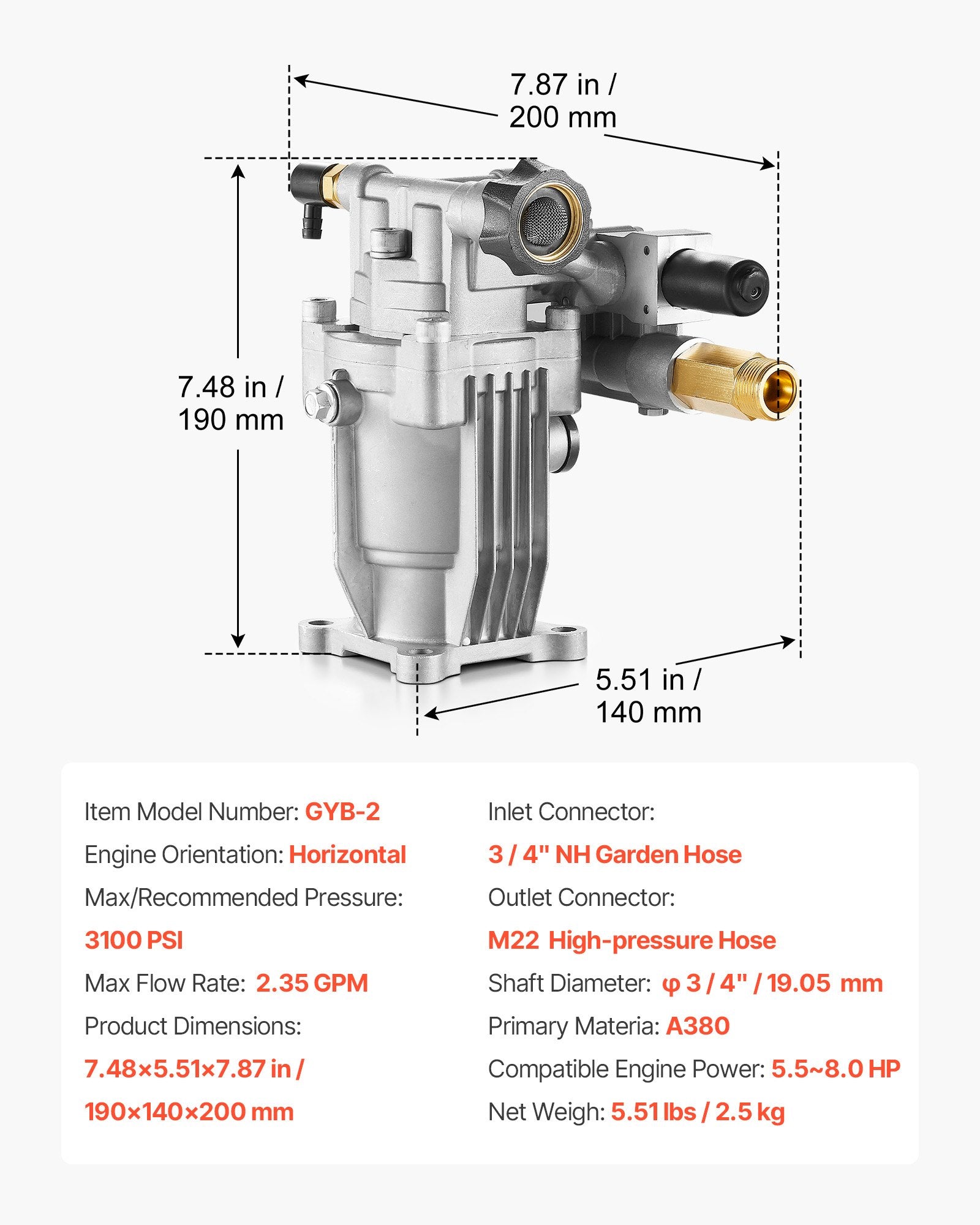 High-Performance Pressure Washer Pump Kit, 3100 PSI, 2.35 GPM, with 3/4" Shaft & Siphon Tube for Simpson, Honda & More Models