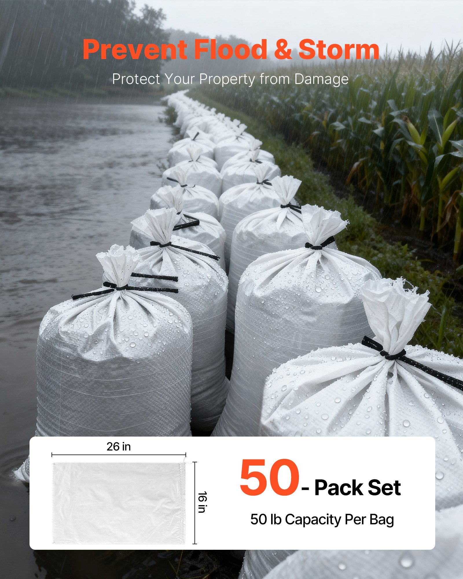 Heavy Duty 50-Pack Sand Bags 16" x 26" - UV Resistant Polypropylene for Flooding, Strong Tie Strings, 50 lbs Capacity, Versatile Use