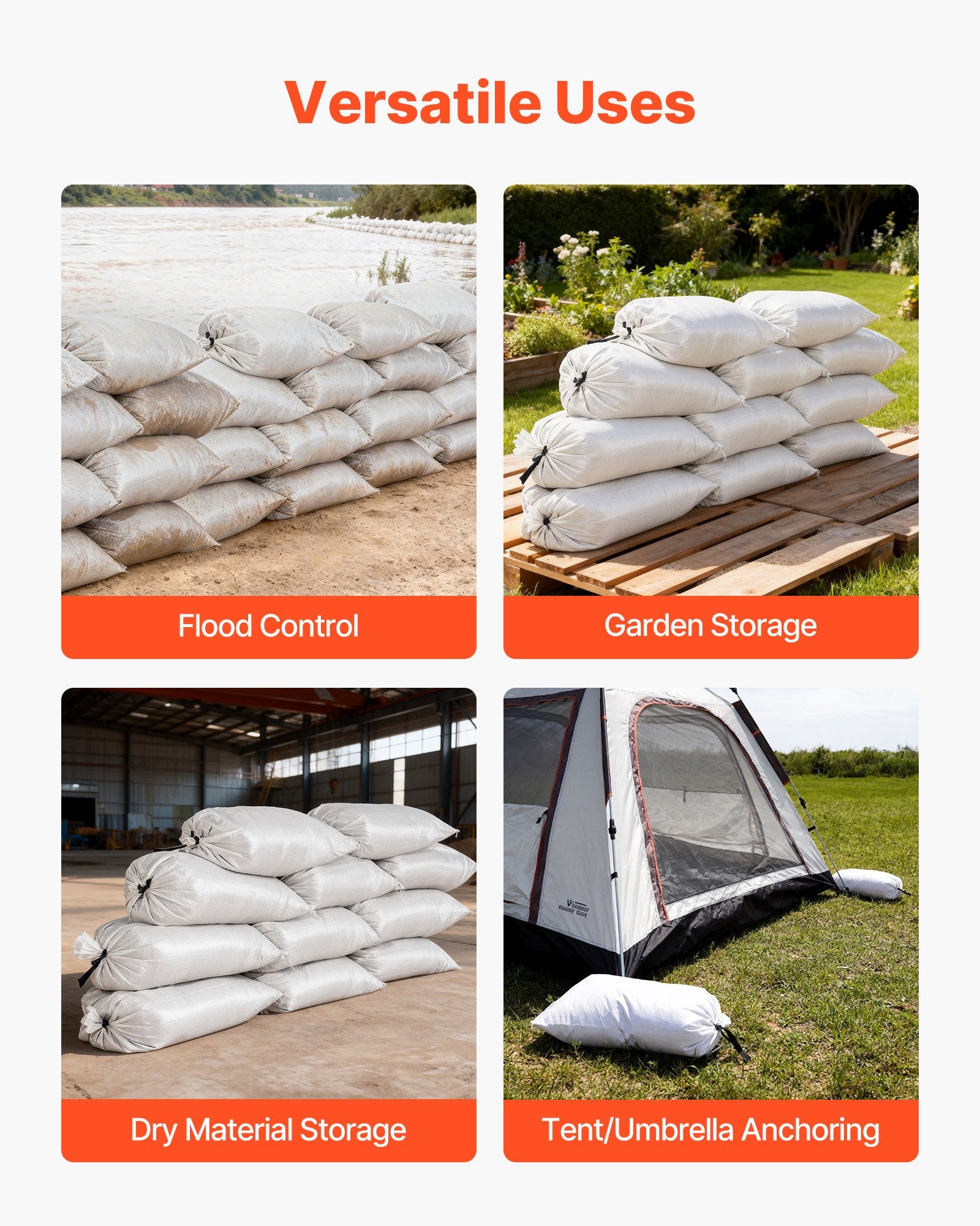 Heavy Duty 50-Pack Sand Bags 16" x 26" - UV Resistant Polypropylene for Flooding, Strong Tie Strings, 50 lbs Capacity, Versatile Use