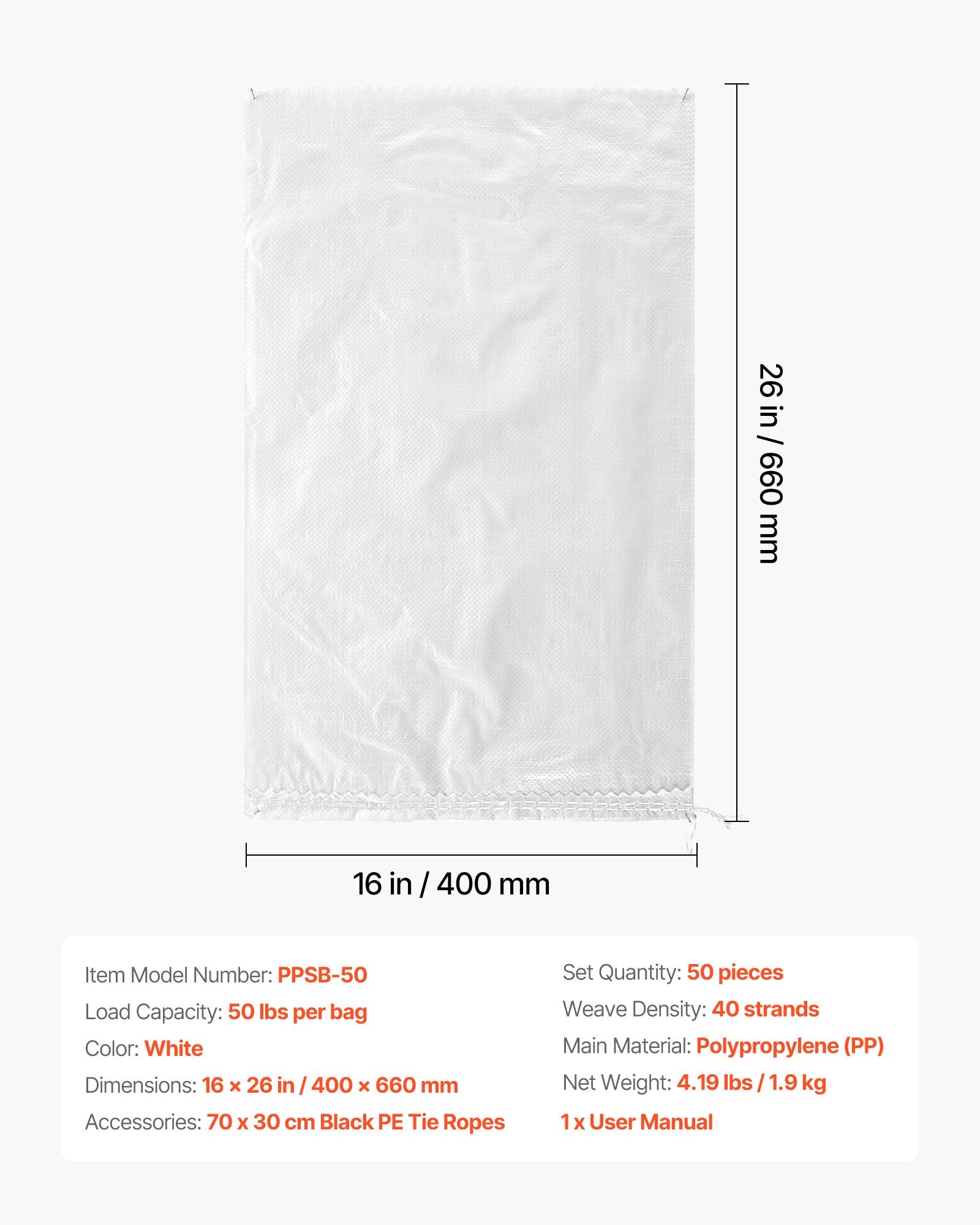 Heavy Duty 50-Pack Sand Bags 16" x 26" - UV Resistant Polypropylene for Flooding, Strong Tie Strings, 50 lbs Capacity, Versatile Use