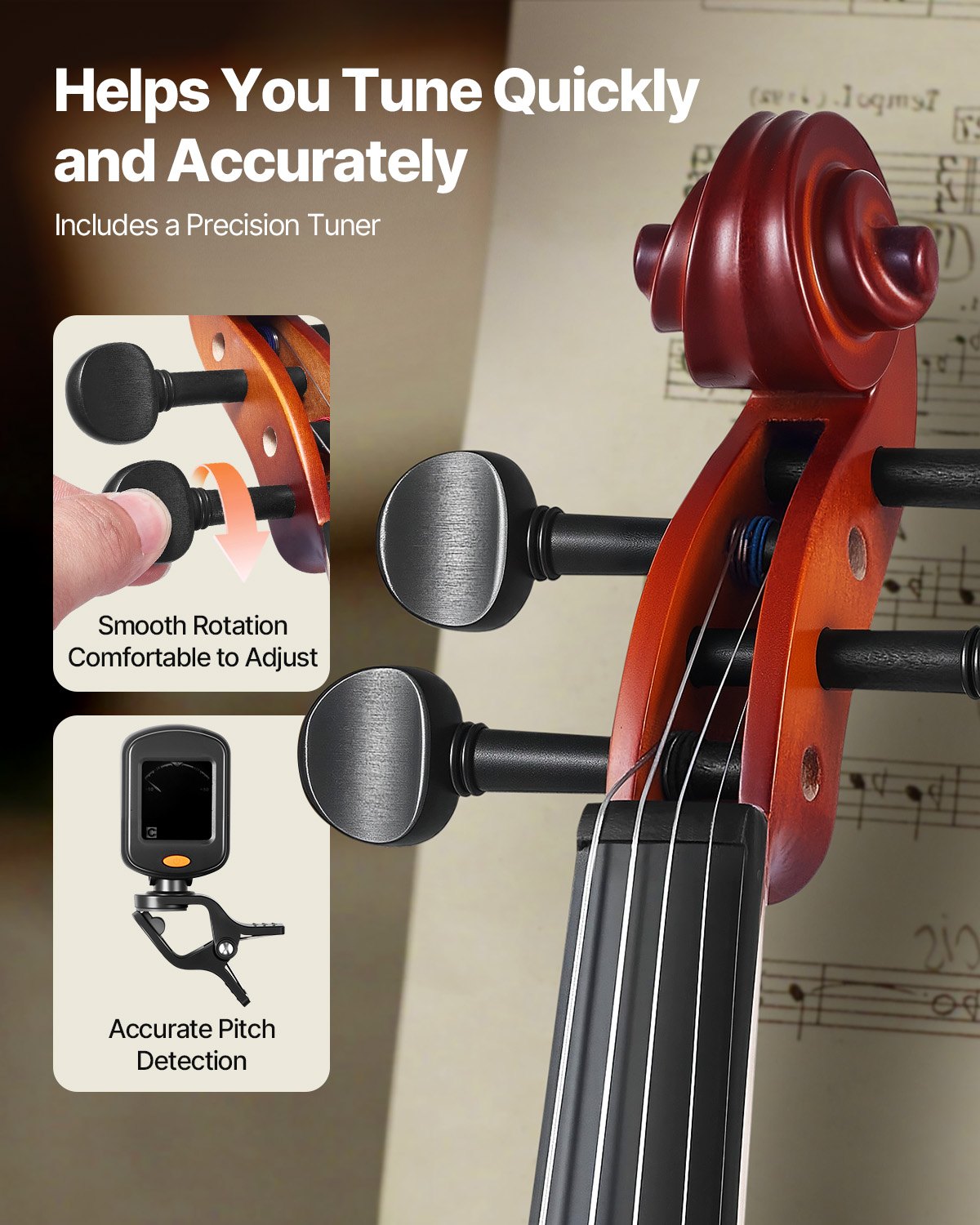 3/4 Size Violin for Adults & Beginners - Complete Fiddle Set with Case, Bow, Tuner, Rosin, and Extras - Matte Brown Finish