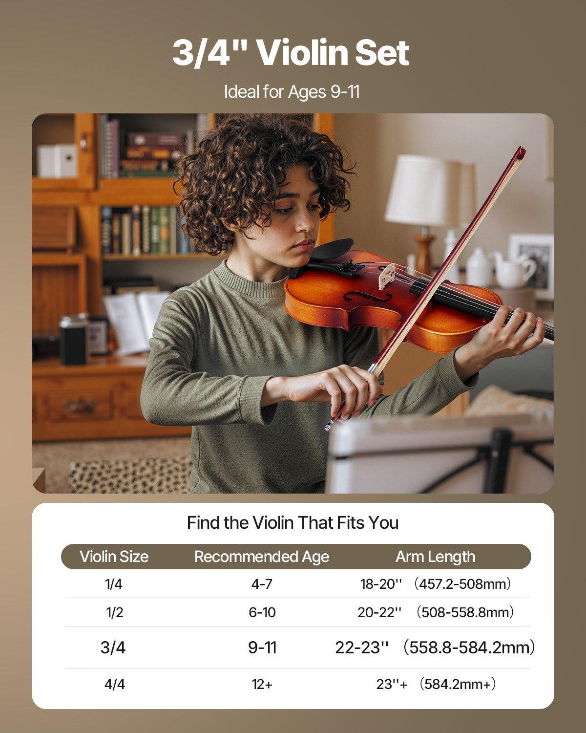 3/4 Size Violin for Adults & Beginners - Complete Fiddle Set with Case, Bow, Tuner, Rosin, and Extras - Matte Brown Finish