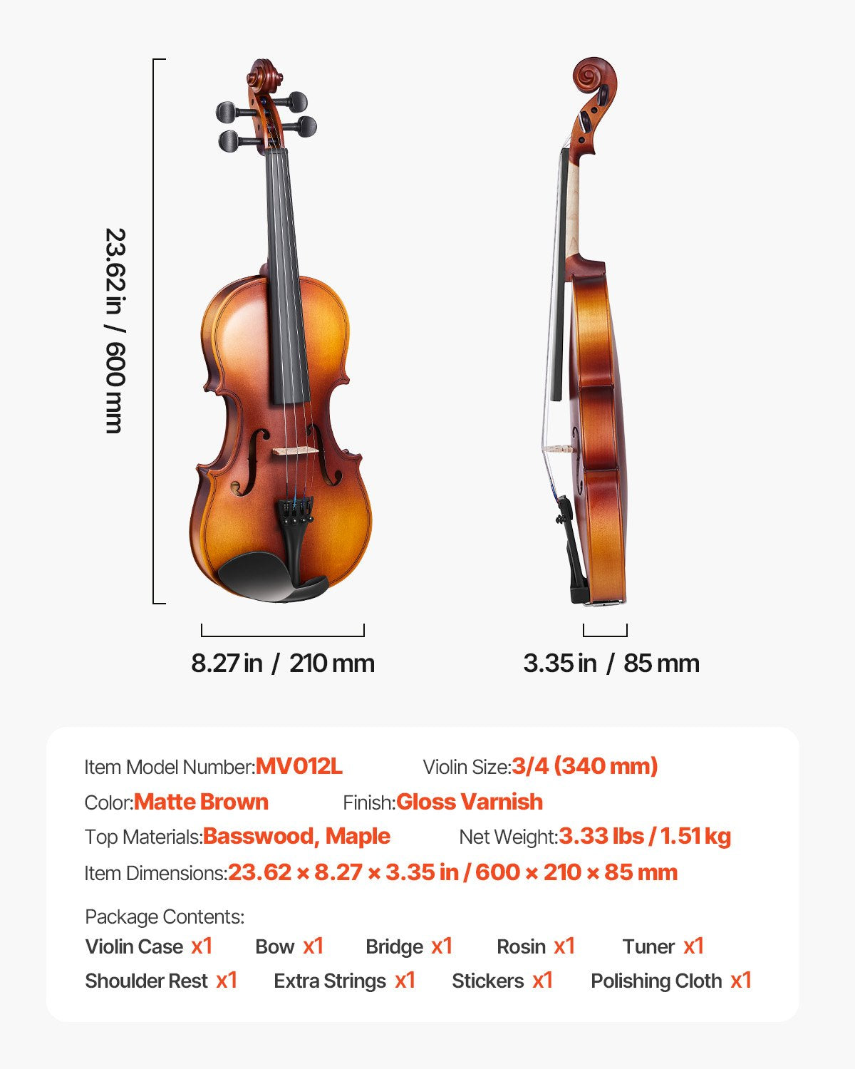 3/4 Size Violin for Adults & Beginners - Complete Fiddle Set with Case, Bow, Tuner, Rosin, and Extras - Matte Brown Finish