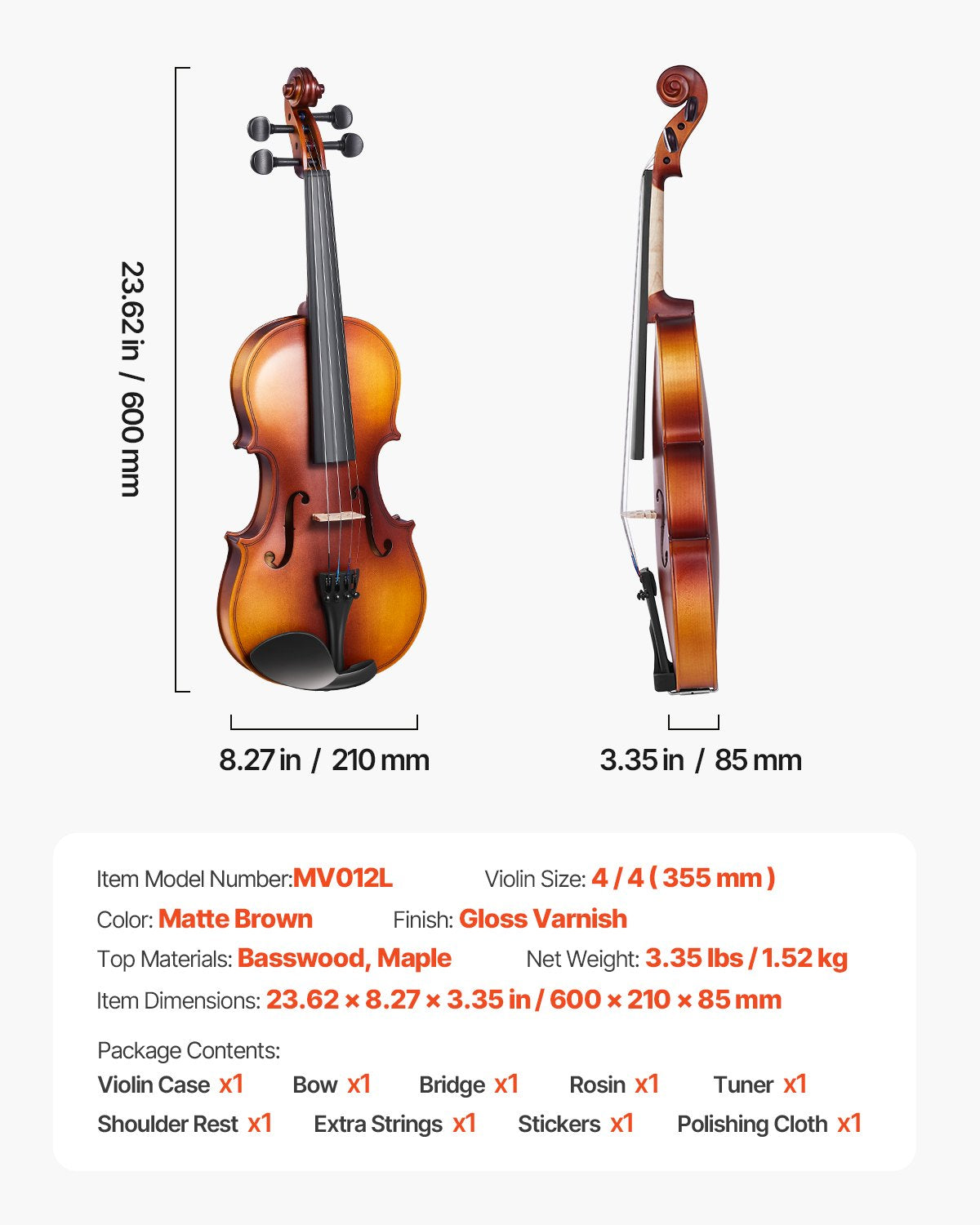 Full Size 4/4 Violin for Adults & Beginners with Complete Set – Case, Bow, Rosin, Tuner, Extra Strings, Gloss Finish, Brown