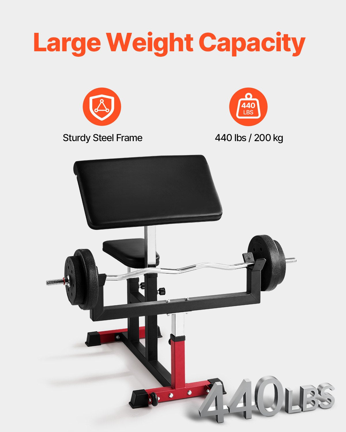 Adjustable Preacher Curl Bench for Home Gym - 440 LBS Capacity, Isolated Bicep Machine, Barbell/Dumbbell Station with Robust Steel and Comfort Padding