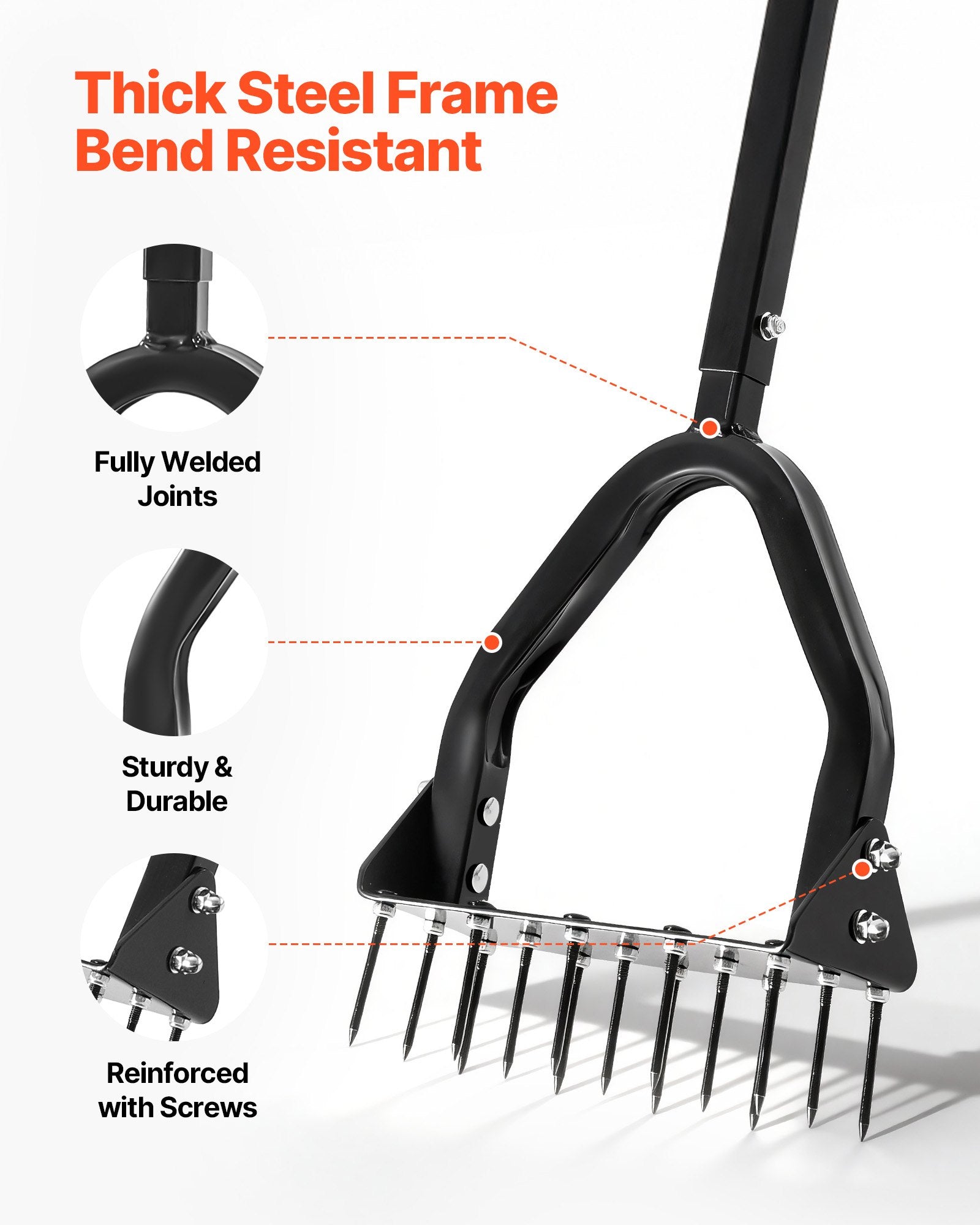 Heavy Duty Lawn Aerator with 15 Iron Spikes, Long Handle & Wide Plate for Compacted Soil, Manual Core Aeration Tool for Green Lawn