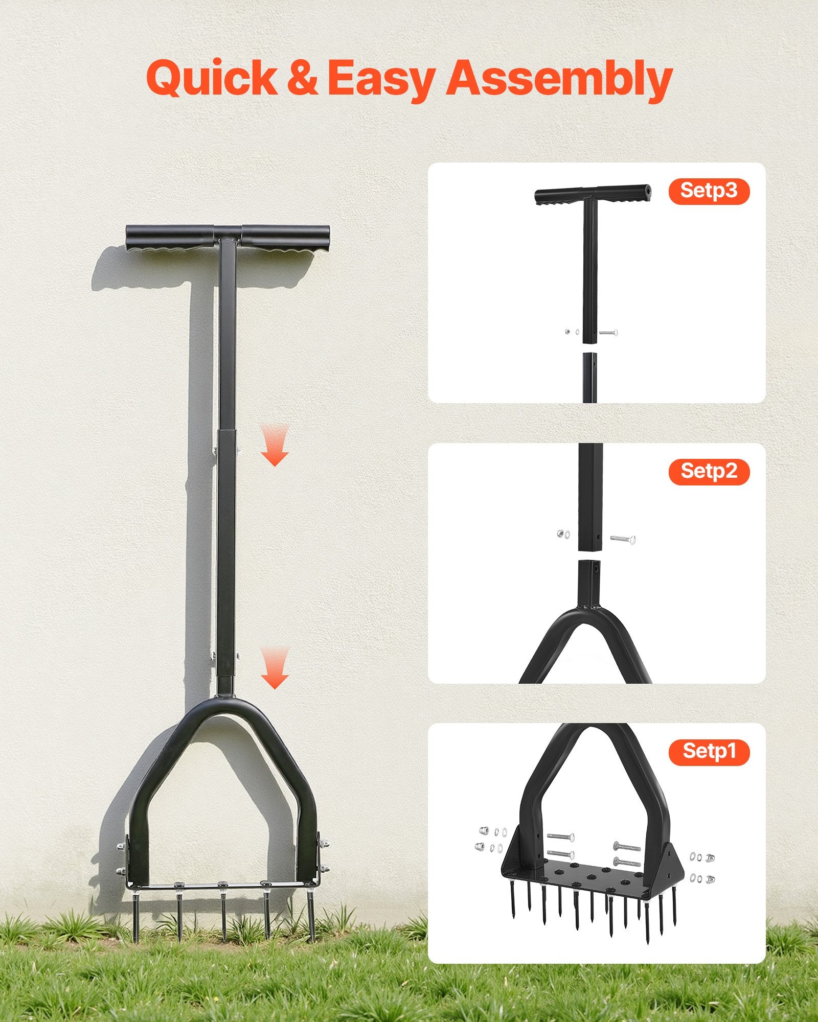 Heavy Duty Lawn Aerator with 15 Iron Spikes, Long Handle & Wide Plate for Compacted Soil, Manual Core Aeration Tool for Green Lawn