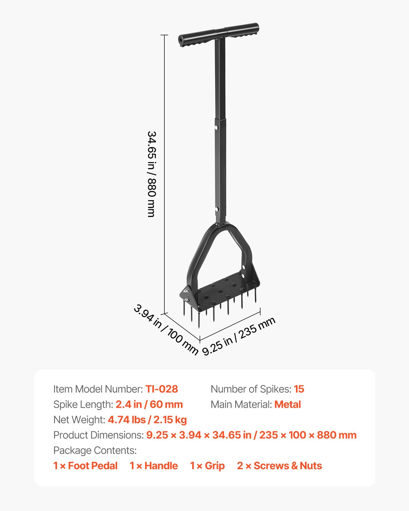 Heavy Duty Lawn Aerator with 15 Iron Spikes, Long Handle & Wide Plate for Compacted Soil, Manual Core Aeration Tool for Green Lawn