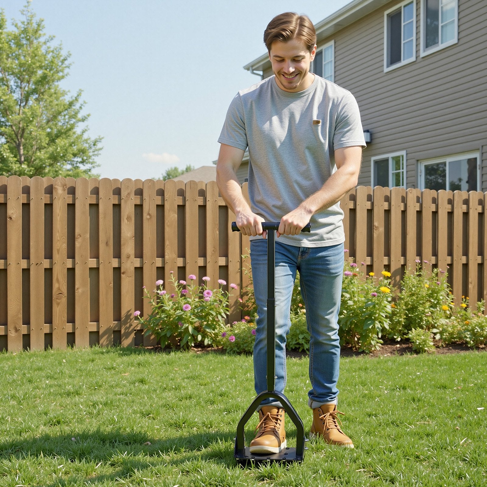 Heavy Duty Lawn Aerator with 15 Iron Spikes, Long Handle & Wide Plate for Compacted Soil, Manual Core Aeration Tool for Green Lawn