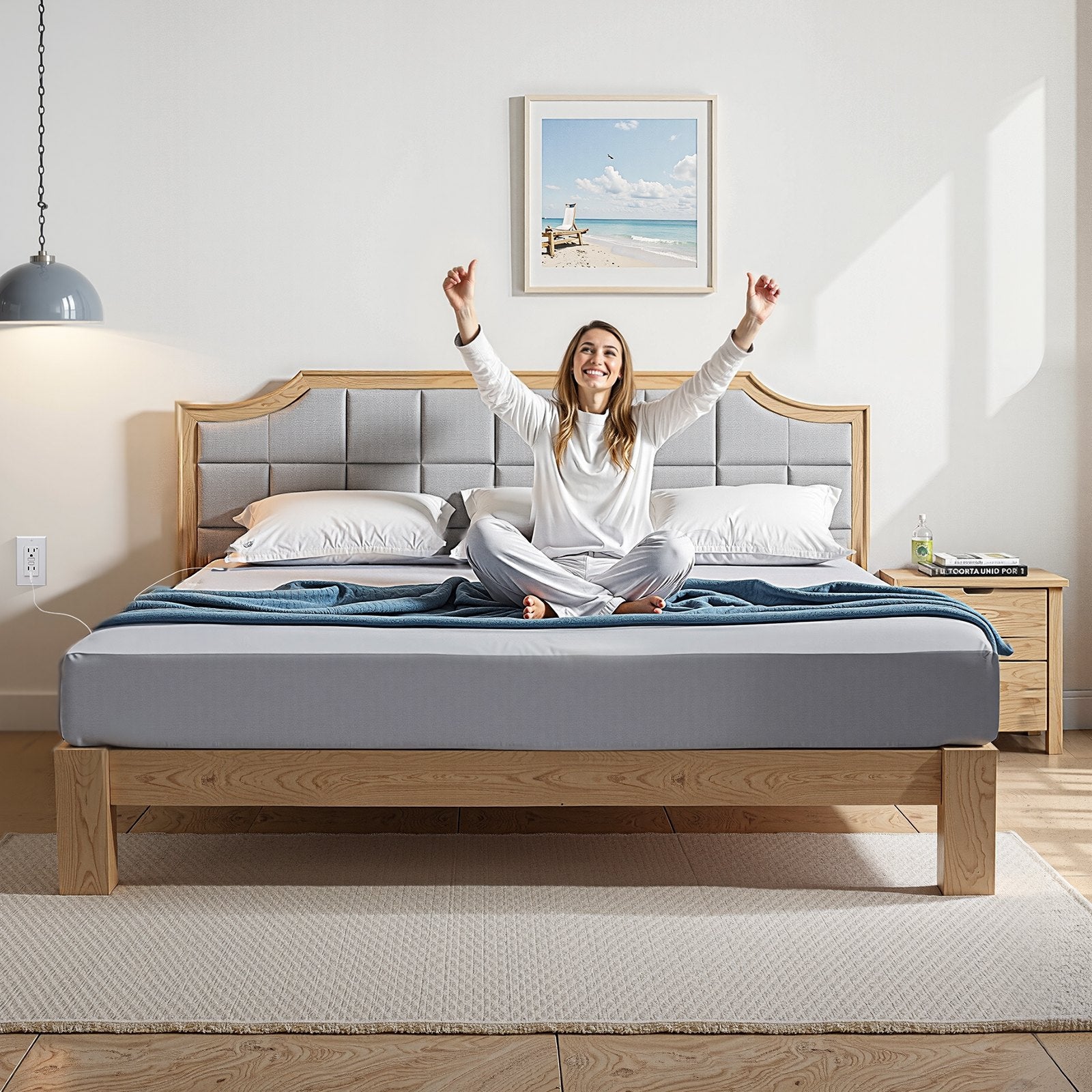 Queen Size Grounding Bed Sheets - 90% Cotton, 10% Silver Fiber, Earth Grounded with Cord & Tester for Wellness and Improved Sleep, Gray 60x80x15