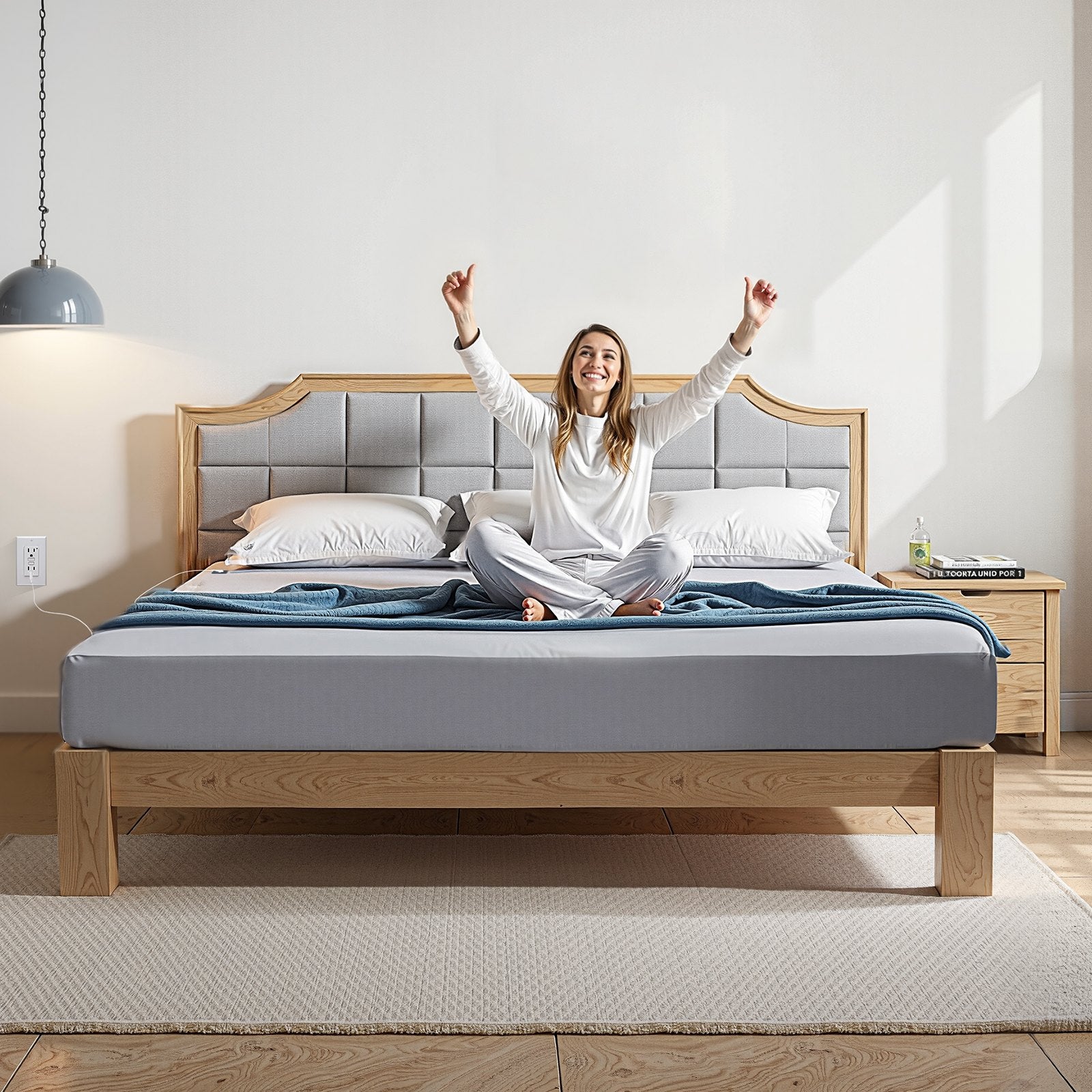 Queen Size Grounding Bed Sheets with 95% Cotton & 5% Silver Fiber for Sleep Improvement, Includes Grounding Cord & Tester, Gray, Earth Grounded