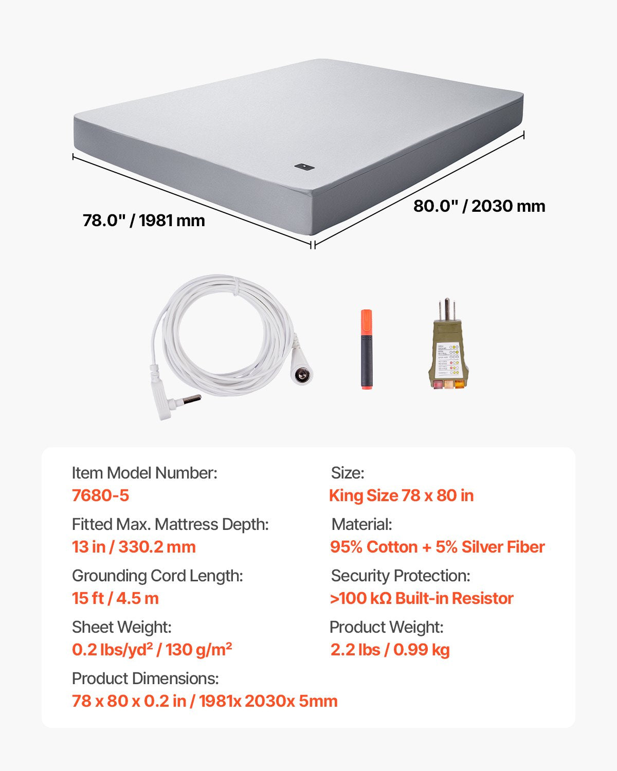 King Size Grounding Bed Sheets - 95% Cotton, 5% Silver Fiber for Wellness, Earth Grounded with Cord & Tester, Enhanced Sleep & Comfort (Gray, 78x80x13 in)