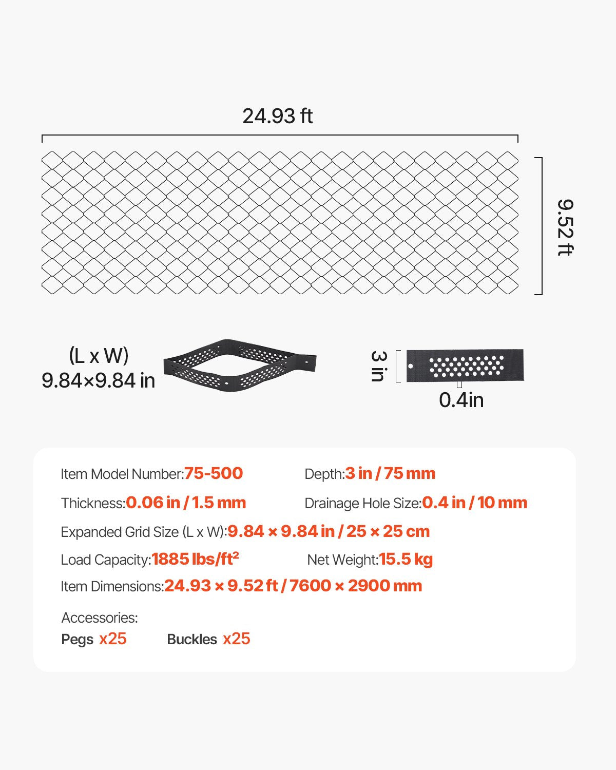 Heavy-Duty Gravel Grid - 3 Inch Depth, 24.93x9.52 FT - Ideal for Driveway Stabilization, Grass Retention, Garden & RV Parking Solutions