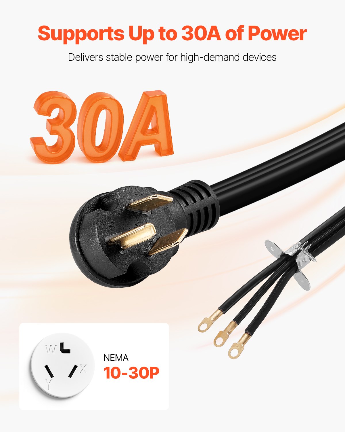 10 ft Heavy-Duty Dryer Power Cord, 3-Prong NEMA 10-30P with Eyelet Connectors, 125V/250V, 30A, Pure Copper, Flexible & Secure for Indoor/Outdoor Use