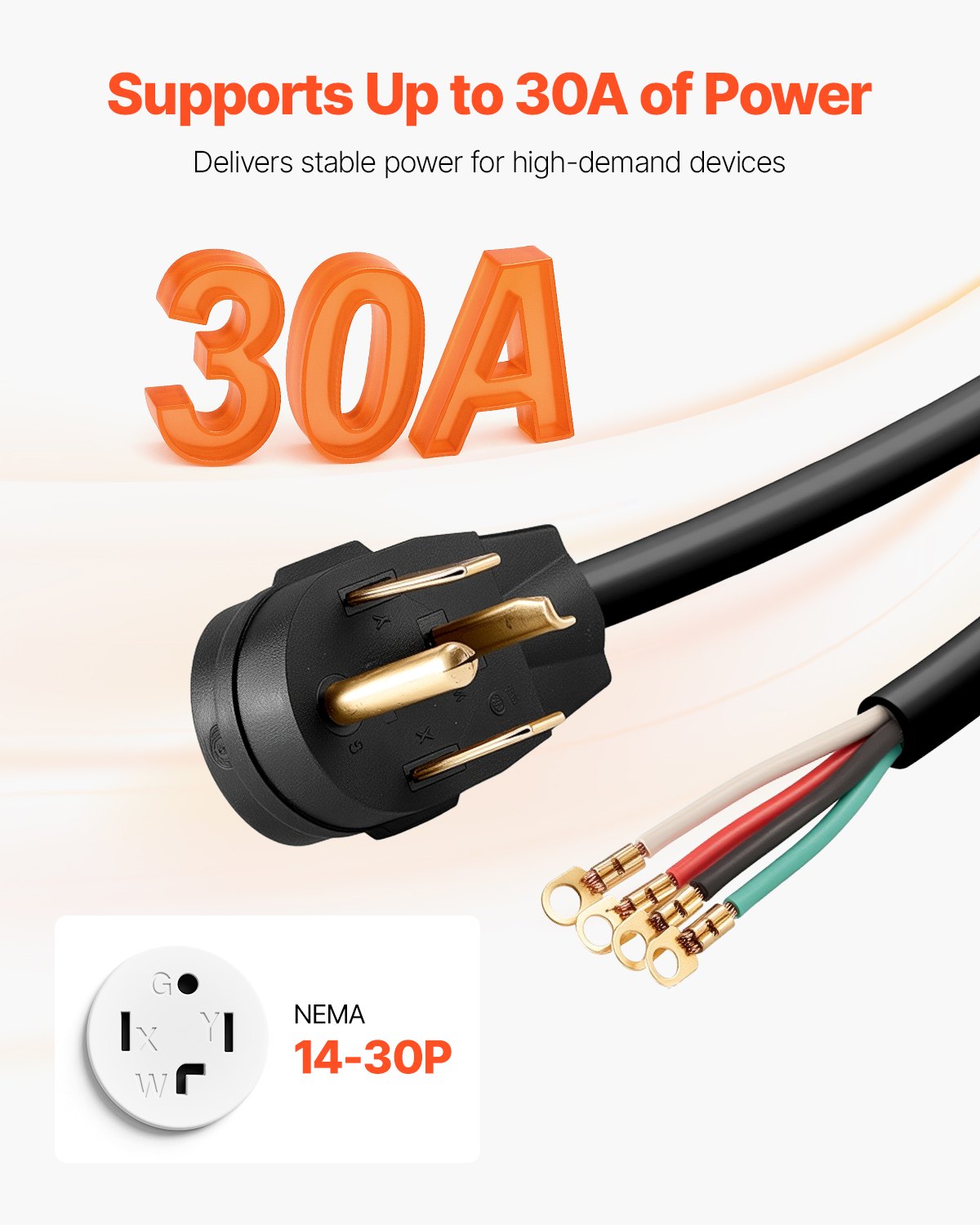 10 ft 4-Prong Dryer Power Cord, NEMA 14-30P with Eyelet Connectors, 125V/250V, 30A, Pure Copper, PVC Tie, Indoor/Outdoor, High Flexibility & Security