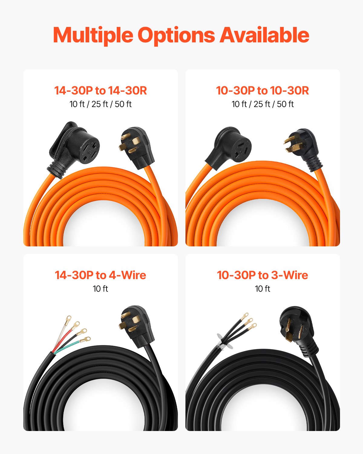 10 ft 4-Prong Dryer Power Cord, NEMA 14-30P with Eyelet Connectors, 125V/250V, 30A, Pure Copper, PVC Tie, Indoor/Outdoor, High Flexibility & Security