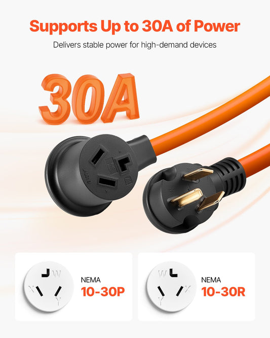 25 ft Heavy-Duty Dryer Extension Cord, 3-Prong NEMA 10-30P to 10-30R, 125V/250V, 30A, Pure Copper, Indoor/Outdoor Use, High Flexibility & Power