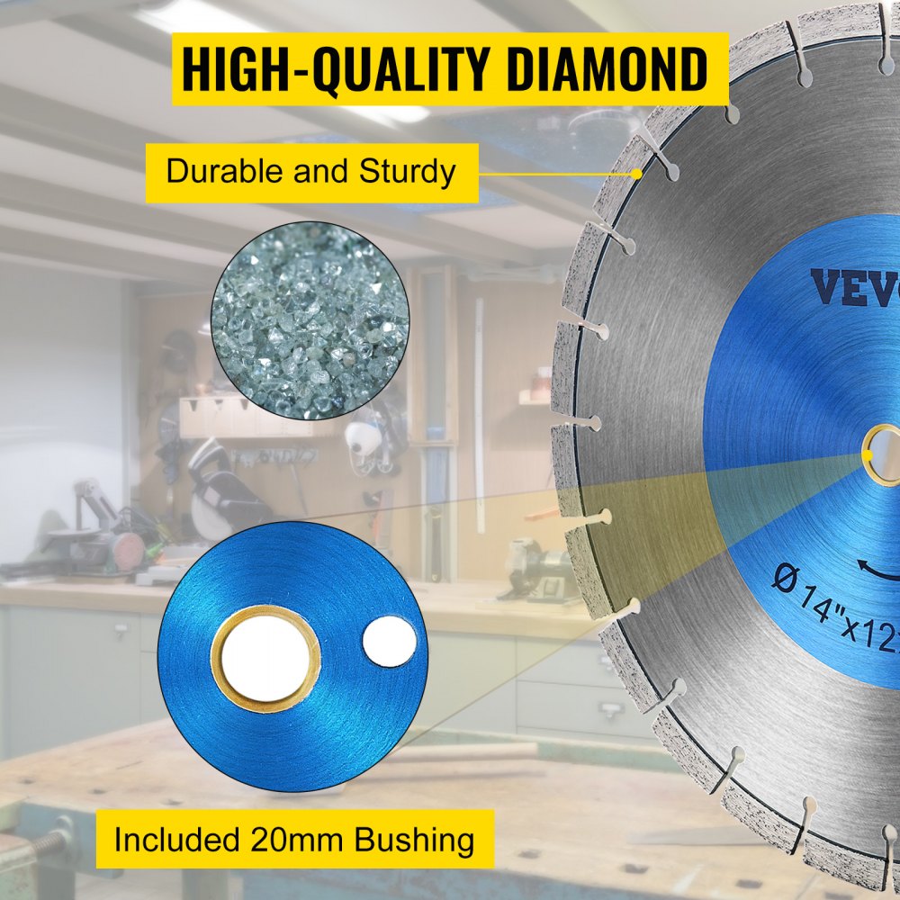 VEVOR Diamond Saw Blade 14\", Concrete Saw Blade Wet or Dry Segmented Cutting Wheel Masonry Wet Saw Blade General Purpose Power Saw 12mm for Concrete Brick Block Masonry