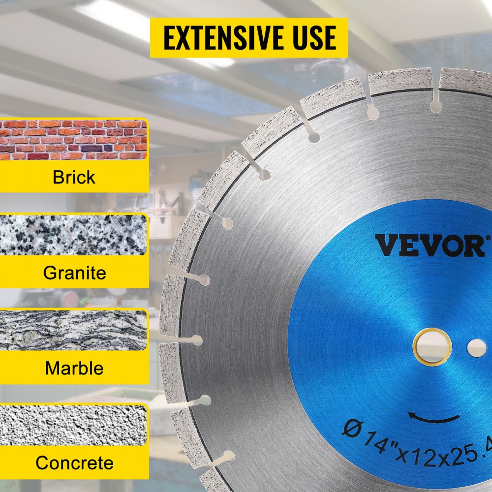 VEVOR Diamond Saw Blade 14\", Concrete Saw Blade Wet or Dry Segmented Cutting Wheel Masonry Wet Saw Blade General Purpose Power Saw 12mm for Concrete Brick Block Masonry