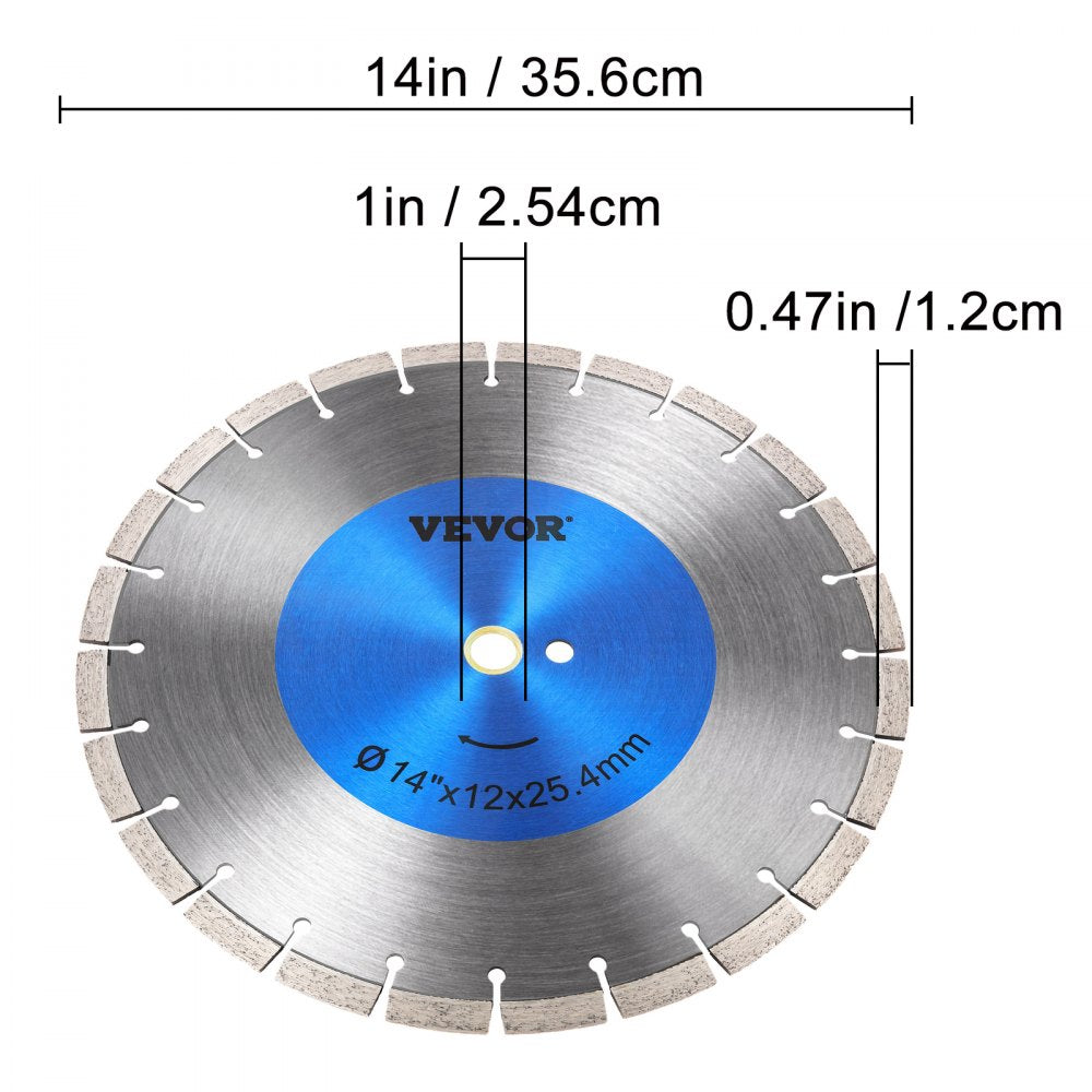 VEVOR Diamond Saw Blade 14\", Concrete Saw Blade Wet or Dry Segmented Cutting Wheel Masonry Wet Saw Blade General Purpose Power Saw 12mm for Concrete Brick Block Masonry