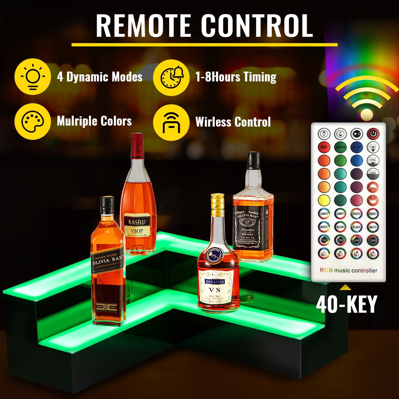 20-Inch Corner LED Liquor Display Shelf - 2-Step Acrylic Bottle Holder with Remote & App Control for Home or Commercial Bar Lighting