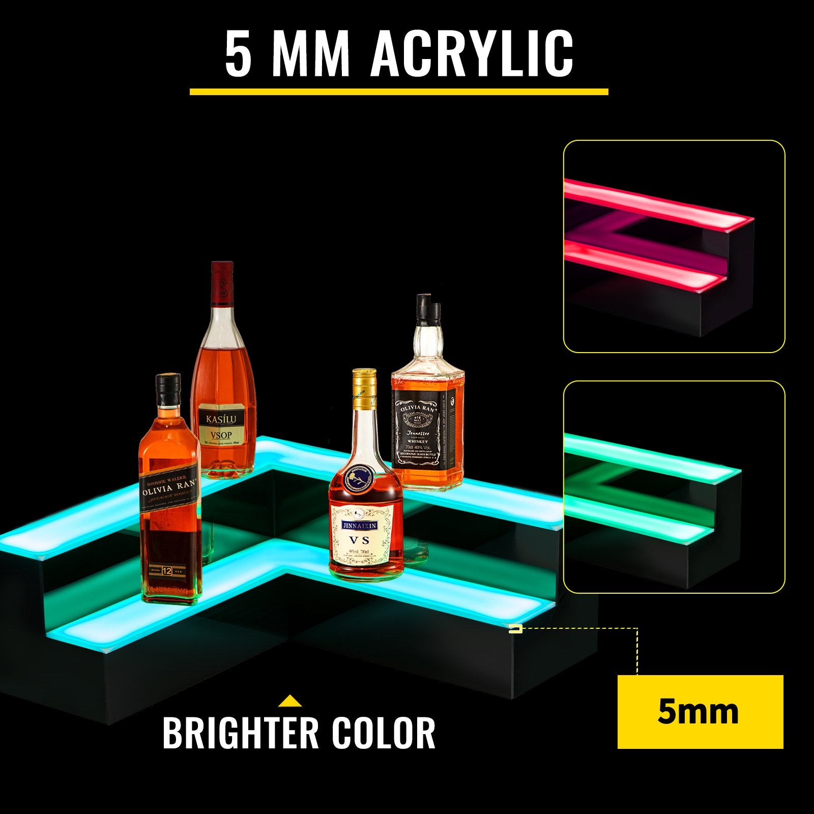 20-Inch Corner LED Liquor Display Shelf - 2-Step Acrylic Bottle Holder with Remote & App Control for Home or Commercial Bar Lighting