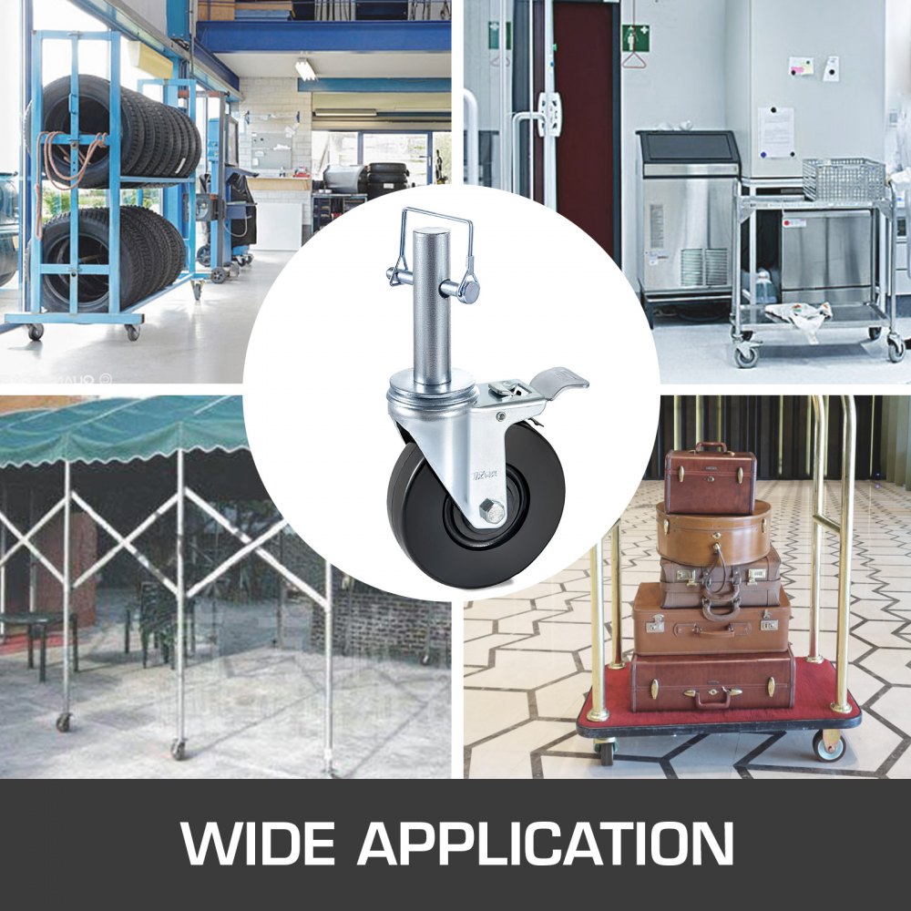 Set of 4 Durable 5" Rubber Swivel Caster Wheels with Dual Locking Mechanism and 1" Round Stem, Each Supporting 280LBS for Industrial and Warehouse Applications