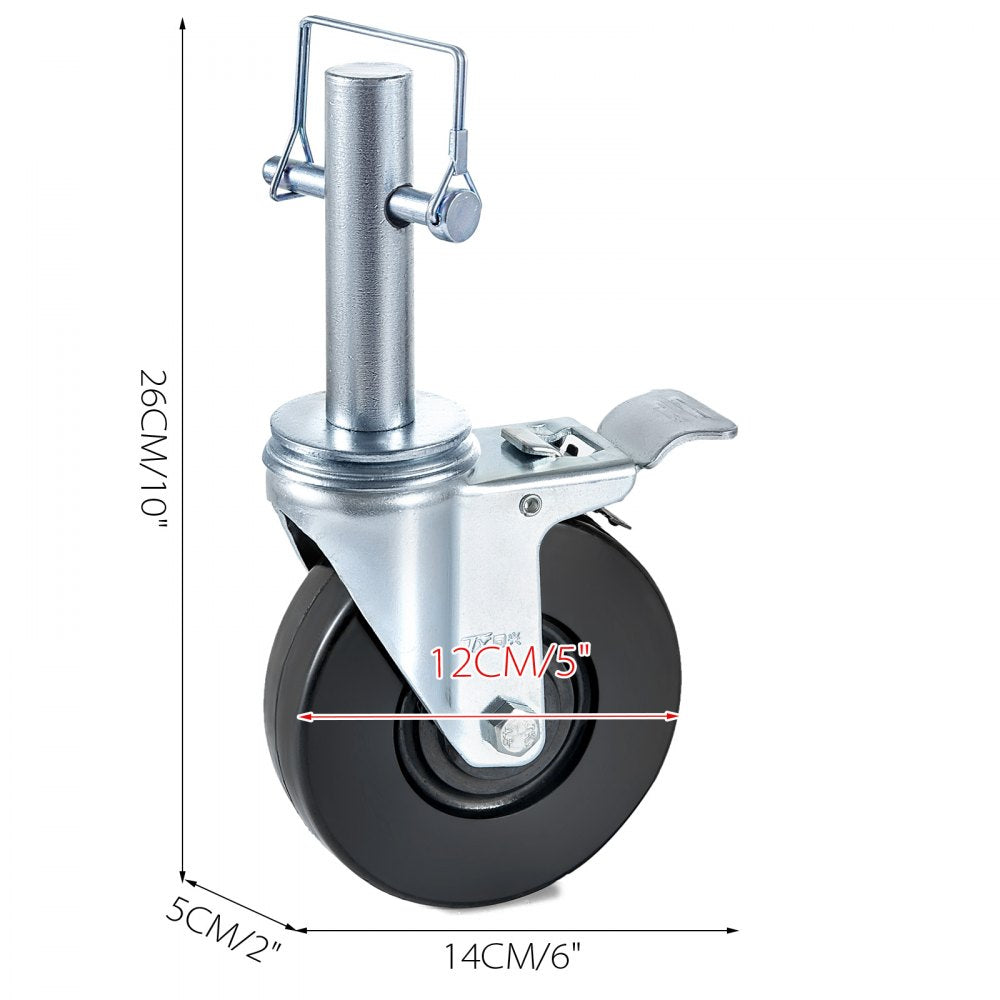 Set of 4 Durable 5" Rubber Swivel Caster Wheels with Dual Locking Mechanism and 1" Round Stem, Each Supporting 280LBS for Industrial and Warehouse Applications